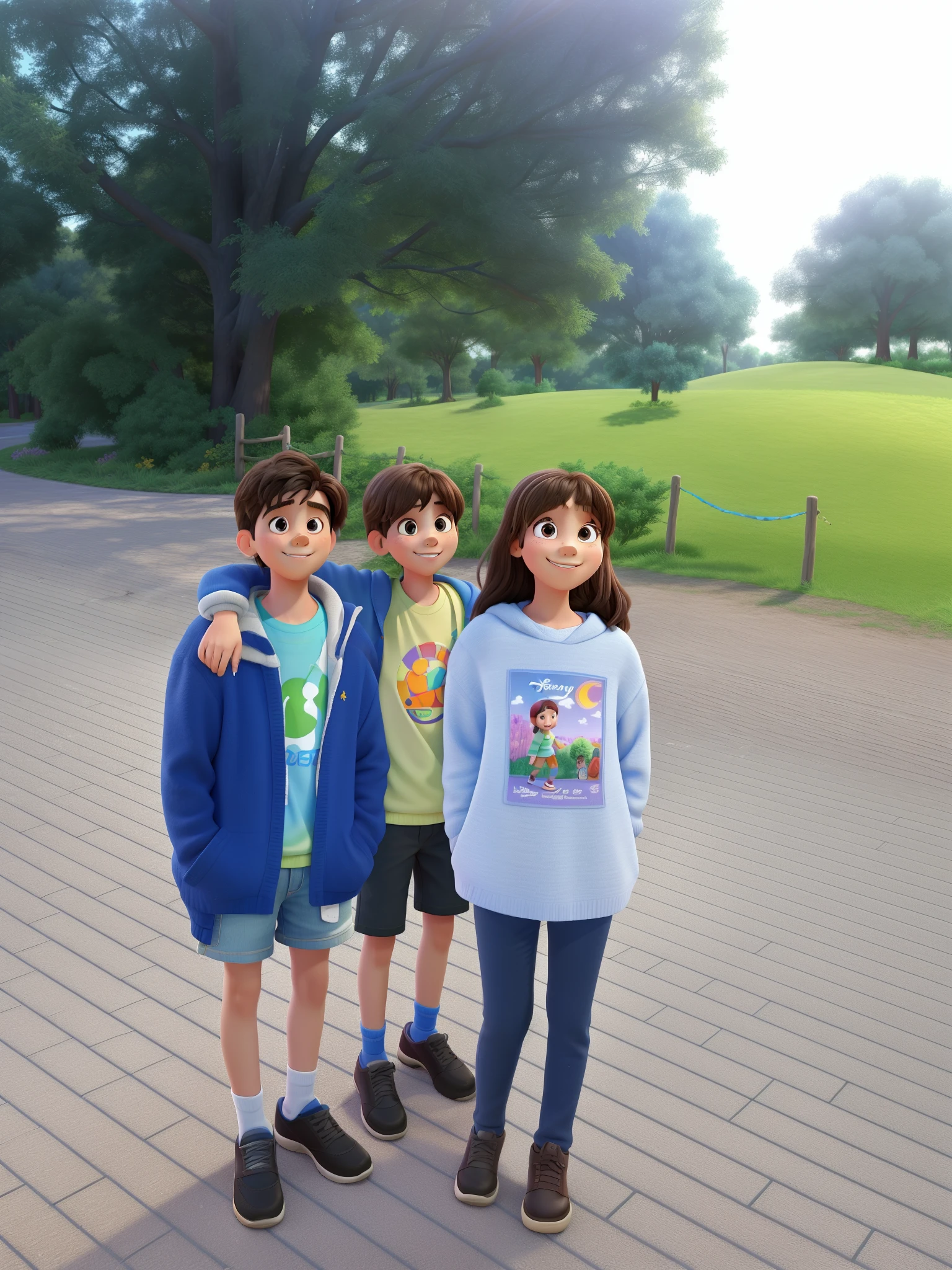 masterpiece, best quality, two 10 years boys and a ten years old girl posing for a photo outdoors. They are wearing casual clothing and are smiling. The background includes trees and a clear sky., (Pixar and Disney inspired),(vibrant colors),(soft lighting)
