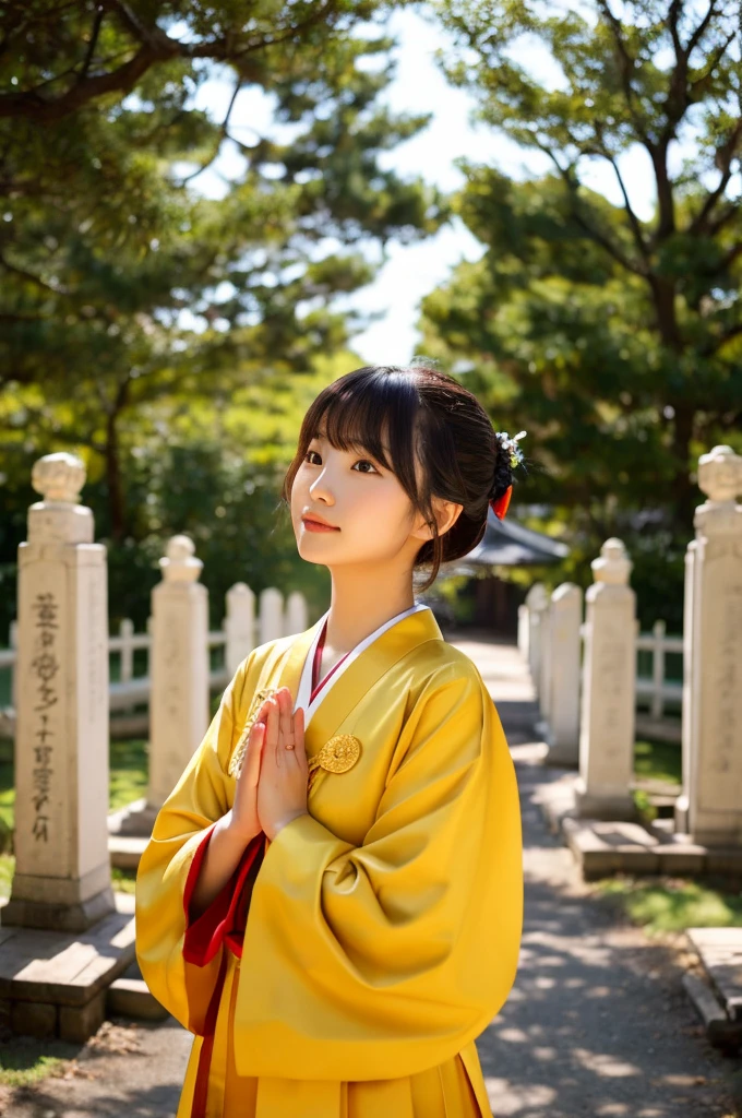 A shrine maiden in golden clothes facing forward、Hair is a short bob、Prayer pose with hands together