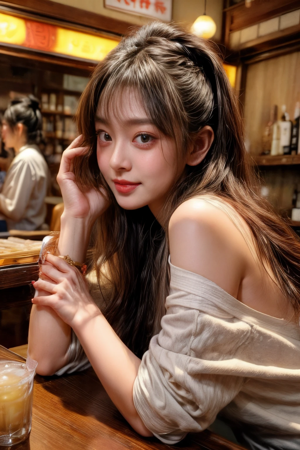 masterpiece、8K、32K、top-quality、(A detailed eye)、(A cute Japanese woman、bangss)、23years old、1 girl in、elegent、(Detailed background depiction、portlate:1.2)、(blushed face、ssmile:1.4)、Be undress、(Izakaya、Inside a store with many people:1.3)、sitting on、(food and drinks on the table:1.4)、cowboy shot、(get drunk:1.7)