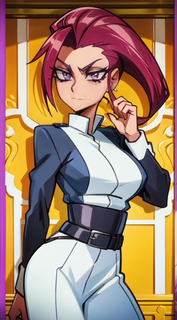 jessie pokemon, ((seductiveexpression)), slicked back hair, cabelos longos, cabelo roxo, olhos azuis, foguete da equipe, ((foguete da equipe Uniforme)), ((10% saia branca, 10% topo de corte)), coxas altas,luvas de cotovelo, fundo simples