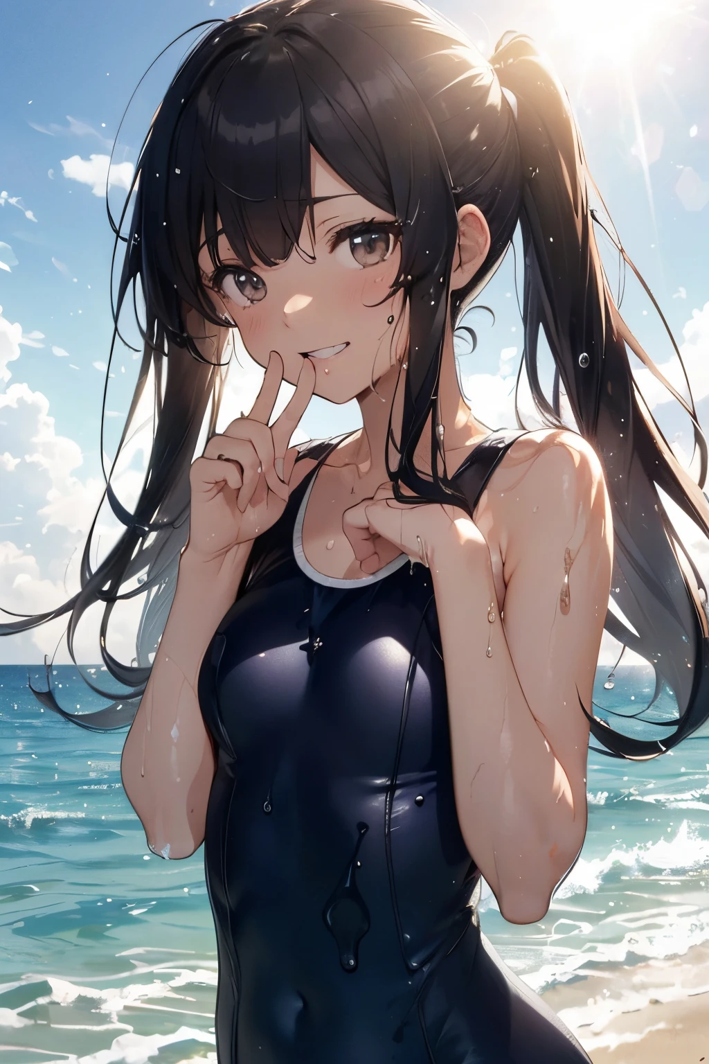 (masutepiece), (Best Quality), hyper detailed illustration,beautiful artwork,(Extreme Detail CG Unity 8K wallpaper、masterpiece、top-quality)、(exquisite lighting and shadow、highly dramatic picture、cinematic lens effects)、Young teenager girl on the beach,swim wears, 1girl in, (School swim wear:1.3), Solo, onepiece swimsuit, Outdoors, Long hair, (Wet), breasts, Covered navel, Water, Black hair, Brown eyes, day, Small breasts, Bangs, Sunlight, Blue one-piece swimsuit,(Wet:1.2),(Water splash:1.1),Open mouth,(straggling hair:1.2), Dramatic Horizon,light Particle,(Twin tail),(sunlight shining:1.2),(Long hair:1.2),(The swimsuit is wet),(Strong sunshine:1.1),(Lens Flare:1.3),(Tsurime:1.2),Correct hand,Correct fingers,(Sweat:1.2),(Head tilt),arched body,(Finger to mouth),(A big smile:1.1),(On the beach), (dark blue school swimsuit),(5-Fingers:1.1),(brown eyes),