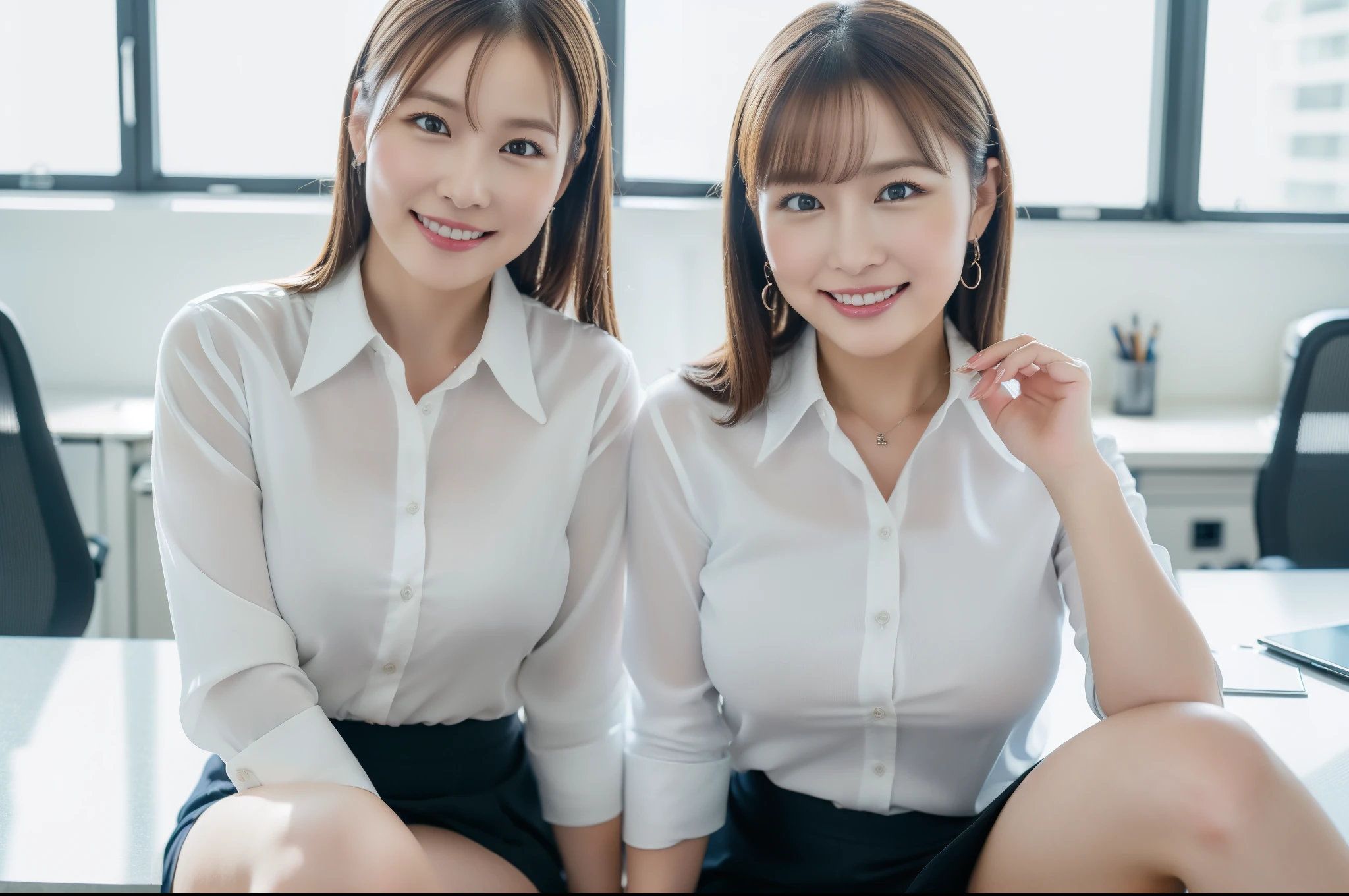 ((Best Quality, 8k, Masterpiecedetails, ultra-high resolution)), (looking at the viewer), (full shot:), attractive business 5 milfs, 5 people, a bit chubby:0.25, white collared shirt, grey skirt, (sitting with cross legs on office desks)), smile, office of CEO,