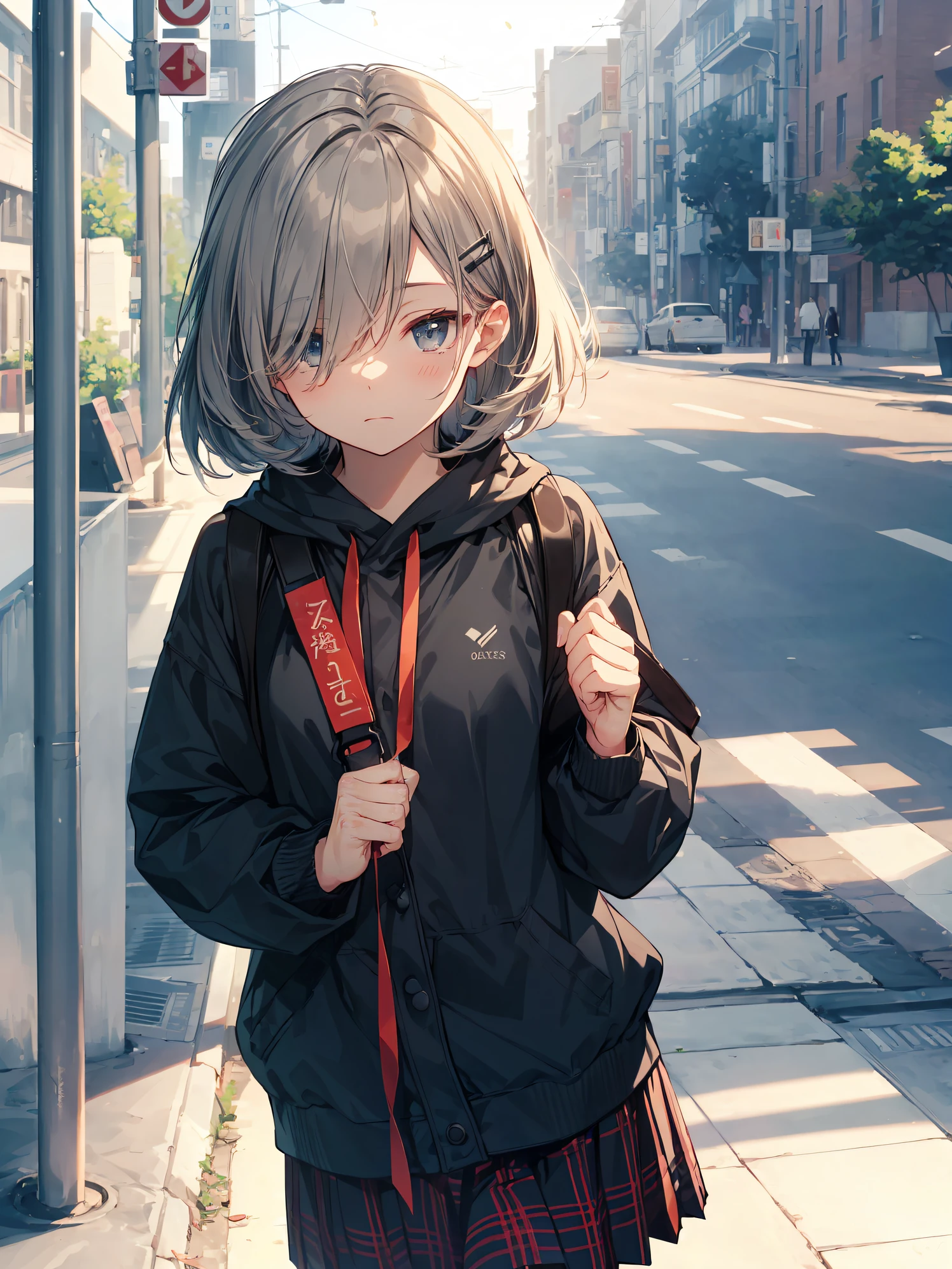 top-quality, anime moe art style,Best Anime 8K Konachan Wallpapers,Pixiv Contest Winner,Perfect Anatomy, (Draw a girl sleepily walking to school. ),BREAK, 1girl in, (Solo,Lori,,15yo ent:1.3),High school students, Short hair, Forehead, (Hair over one eye:1.4),Full limbs, complete fingers,medium breasts, groin, Small eyes,Precise black eyes, hair clips, Sailor Uniform, Skirt,Summer route to school. BREAK,Ultra-detailed,High resolution,super detailed skin, Professional Lighting,8k eye details, (Cute illustration:1.2),