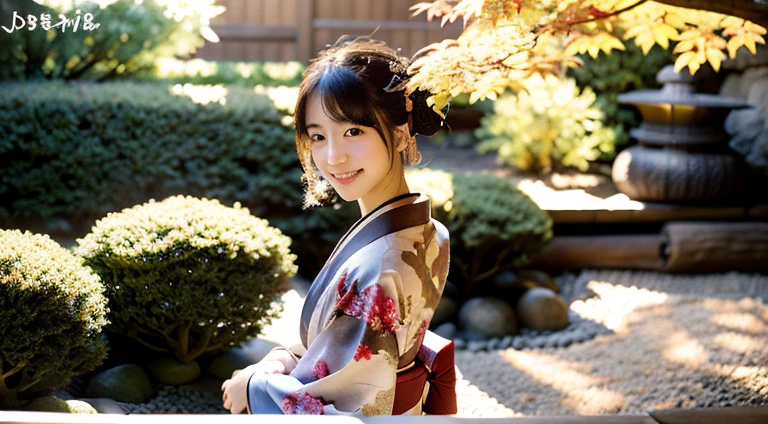 (Realistic:1.3), Rembrandt lighting, (masutepiece:1.2), (Photorealistic:1.2), (Best Quality), (Detailed skin:1.3), (Intricate details), Ray tracing,1girl in, japanaese girl, 21 years old, Detailed skin texture, (blush:0.5), Subsurface scattering, Smiling, updo hair, Bangs, hair between eye, Hair ornaments, Kimono, with floral pattern, wearing edgJF_Kimono, Seiza (bright sunny day, Autumn setting, Autumn trees々and leaves, (a Zen garden:1.2)