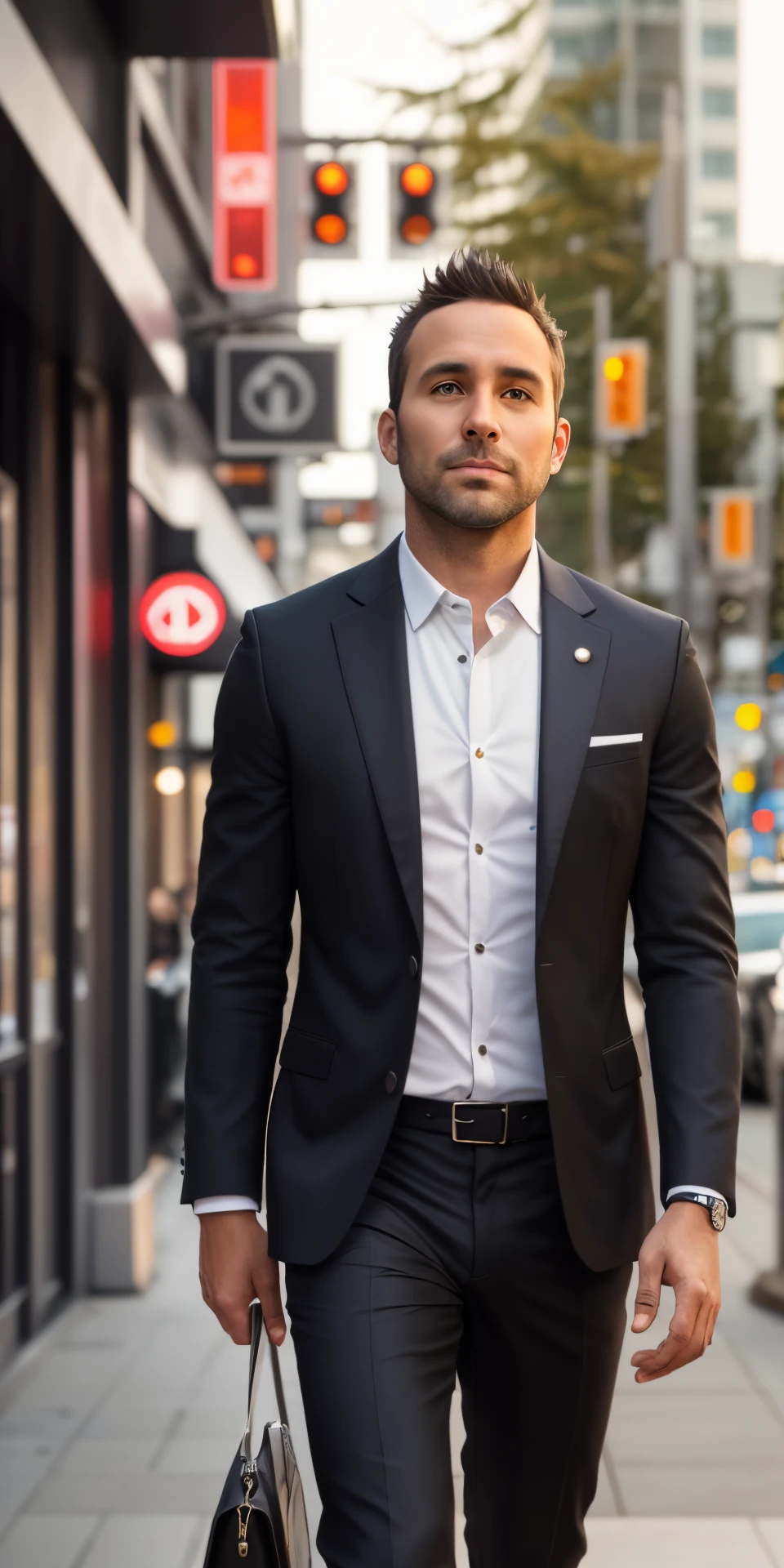 a tall tanned 37 year old man with a modern hair cut wearing black fancy outfit walking in Vancouver streets. Photorealism. —ar 9:16 --auto --s2