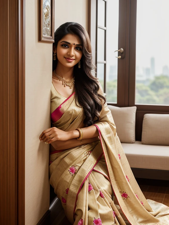 (masterpiece, high quality, HD, 32k, 64k), portrait of 25 year old extremely beautiful Tamil girl, (cute smile:0.6), (look at viewer), (fully clothed:1.6 floral saree, designer blouse, petticoat), (leaning:1.6 against the wall), inside the living room, soft colors, bright lighting, cinematic effects, backlit, shining skin, very long black hair, (arms crossed:1.6), (bangles, thin necklace, ear stud, wrist watch), (extremely beautiful:1.2 face & ears & cheeks & nose & lips & neck & hands & arms & 5 fingers & body parts & skin & curves), (background:1.6 wallpapers, tube lights, ceiling fan, door, windows, sofa, showcase, TV ), (full body shot :1.6 from bottom)
