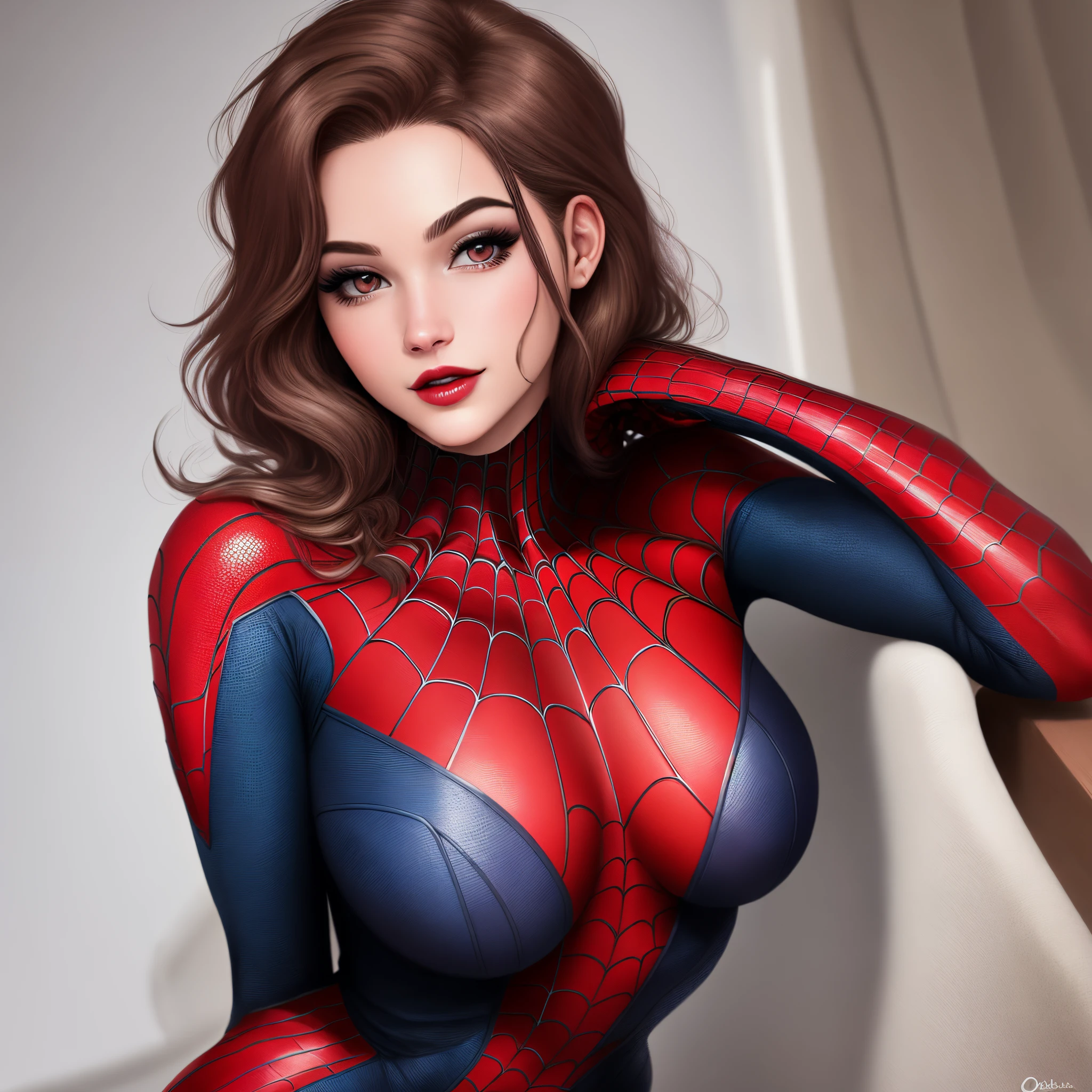 Chica con traje de spiderman dibujada en el estilo de los comics de spiderman con el cabello a la clavicula color cafe, ojos cafes, labios gruesos, con pechos enormes.