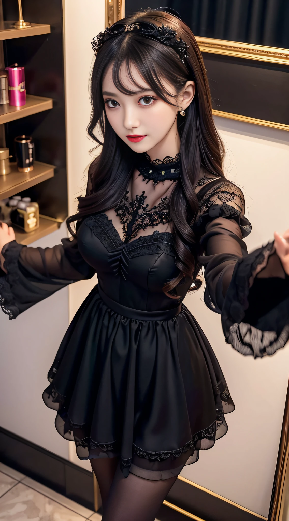 Ultra-detailed、Fascinating beauty、Dainty woman、Cool Girl、Wavy Hair、Black chiffon dress、Wide sleeves、flered skirt、Evil Female Executive、Evil Fall、brainwash、pantyhose、lacy fabric、Glossy legs、lipsticks、Evil look、Suspicious look、Hollow eyes、wicked、Reaching out、Over Head Shot、selfy、stand up