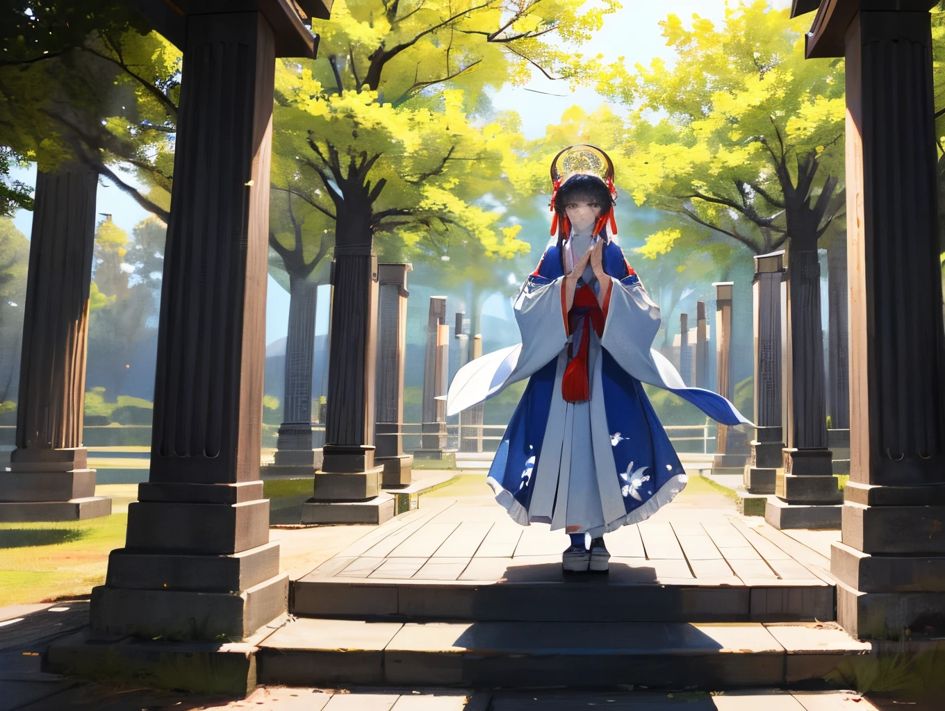 The figure of a shrine maiden、It is drawn in a style similar to real life.。She was standing in the precincts of the shrine.、Surrounded by a beautiful natural environment。Blue background々and trees々and landscapes are spreading.、There is a sacred atmosphere around the shrine maiden.。She stands gracefully、I have an exorcism charm in my hand。Kagura dance and festival scenes are also depicted around it.、Surrounded by a sacred space。I can feel her praying、I feel calm。
