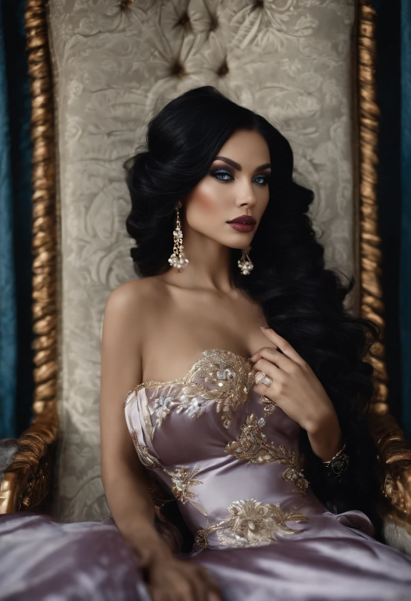 A photo of the character lounging on an extravagant chaise lounge, being fanned by attendants and adorned with luxurious jewelry.,original,She has long, ebony black hair with purple streaks and red tips, icy blue eyes "like limpid tears" (even when they've mysteriously turned red), and she only wears clothing from Hot Topic., female