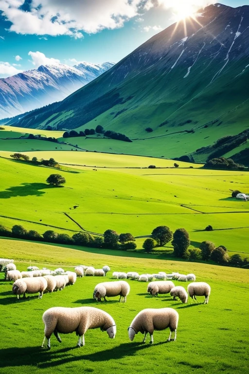 A green meadow with a flock of white sheep grazing in it, against a backdrop of a clear blue sky with no clouds. The scene is set in New Zealand, capturing the picturesque beauty of the landscape. The image is of the highest quality, with a resolution of 4k, showcasing the stunning details of the meadow and sheep. The colors are vivid, with vibrant greens and whites. The lighting is soft and natural, illuminating the scene with a warm and serene ambiance.