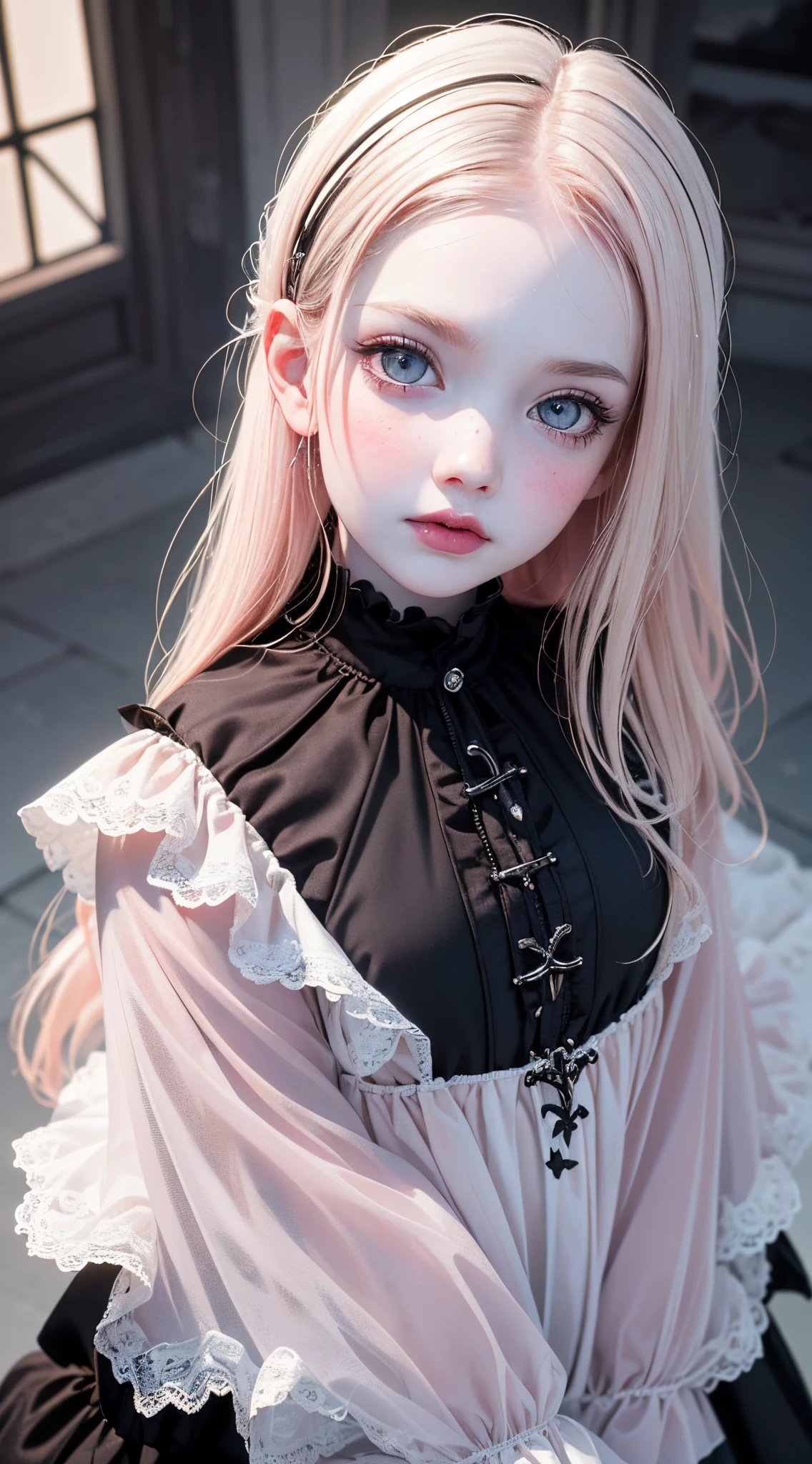 (UHD, retina, masterpiece, ccurate, anatomically correct, textured skin, super detail, high details, high quality, best quality, highres, 1080P, HD, 4K, 8k, 16k), (beautiful detailed eyes, beautiful detailed lips, extremely detailed eyes and face), studio lighting, physically-based rendering, vivid colors, (gothic dress), (portrait, shiny hair, shiny skin), [stained glass window, bokeh], (tilt your head to the side:1.5), eye reflection, (blush:1.5), (gothic art, pale skin, from above:1.5), monochrome, ( girl:1.5),