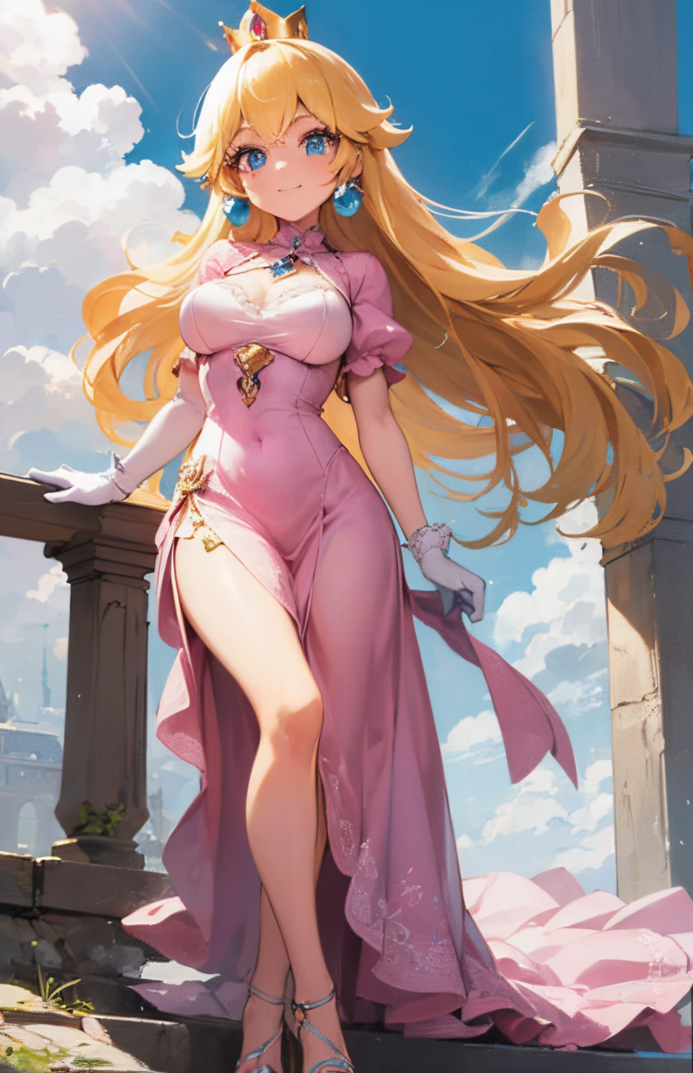 ((masterpiece)), ((best quality)), (ultra-detailed), ((kawaii)), cute, (lovely), ((extremely detailed)), 4K, (8K), best quality, (beautiful), (anime style:1.2), flat color, painting, //, dynamic pose, //, full body, gradation, Beautiful girl with blonde hair，with hair dishevelled，long blonde hair，Sick，White pupils，The legs are very thin，The legs are long, blue eyelashes, ​masterpiece, 1girl ((20 years old)), Princess peach, crown, pink dress, Long dress, white gloves, large breasts, from sides, Smile, Long hair, (blonde hair, Deep Blue Eyes:1.2), Sparkling eyes, (Perfect eyes:1.2), (Perfect iris:1.2), //, (cool), //, shiny-glistening, ultra shiny body, gleaming, Cute face, kawaii, Large breasts, delicate hair, disheveled hair, mushroom kingdom, Princess castle, ground view)) Tall and tall，Thin, 8k, ultrarealistik, oficial art