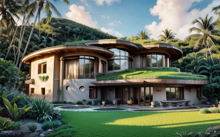 A photograph of a symmetrical contemporary house with (((one waved green roof))) and (((biological pool))) in a tropical backyard, mustard yellow terracota plaster walls (((rustic clay stucco))), ((corner walls rounded)), ((rustic clay plaster)), (((terracotta walls with rounded corners, organic curves))), (((rustic earth plaster, mud))), (((wave-shaped green roof with wooden edge))), (((wooden roof structure, wooden rake, wooden fascia board))), eaves, porch with wooden pillar, ((roof with wooden structure)), In Bali (((Tropical garden))), ((natural houses, organic buildings, organic architecture)), Ecovillage, sustainable architecture, Bioconstruction architecture, solarpunk architecture, (((grass roof, green roof, green wave roof, rounded roof, vegetated roofs))), ((green architecture)), Passive house, (((Rock Foundation))), Clear sky in the background, painful beauty, modern, imposing, green house, ((Bali hobbit Hadid Style)), super resolution, cinematic, color grading, editorial photography, photography, photo shoot, (((dramatic front eye top angle view))), O 50mm, depth of field, intricate details, natural colors, sharp focus, warm light, shutter speed 1/1000, F/22, White Balance, Ray Trace Reflections, Lumen Reflections, Screen Space Reflections, Diffraction Rating, Chromatic Aberration, GB Shift, Partial Lighting, Backlighting, Daylighting, Scan Lines, ambient occlusion, antialiasing, shaders, OpenGL-Shaders, GLSL-Shaders, Post-processing, post-production, shading, tone mapping, incredibly detailed and complex, hypermaximalist, elegant, hyperrealistic, super detailed, dynamic pose, Fujifilm XT