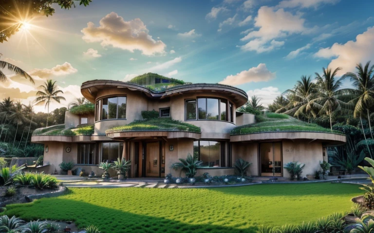 A photograph of a symmetrical contemporary house with (((one waved green roof))) and (((biological pool))) in a tropical backyard, mustard yellow terracota plaster walls (((rustic clay stucco))), ((corner walls rounded)), ((rustic clay plaster)), (((terracotta walls with rounded corners, organic curves))), (((rustic earth plaster, mud))), (((wave-shaped green roof with wooden edge))), (((wooden roof structure, wooden rake, wooden fascia board))), eaves, porch with wooden pillar, ((roof with wooden structure)), In Bali (((Tropical garden))), ((natural houses, organic buildings, organic architecture)), Ecovillage, sustainable architecture, Bioconstruction architecture, solarpunk architecture, (((grass roof, green roof, green wave roof, rounded roof, vegetated roofs))), ((green architecture)), Passive house, (((Rock Foundation))), Clear sky in the background, painful beauty, modern, imposing, green house, ((Bali hobbit Hadid Style)), super resolution, cinematic, color grading, editorial photography, photography, photo shoot, (((dramatic front eye top angle view))), O 50mm, depth of field, intricate details, natural colors, sharp focus, warm light, shutter speed 1/1000, F/22, White Balance, Ray Trace Reflections, Lumen Reflections, Screen Space Reflections, Diffraction Rating, Chromatic Aberration, GB Shift, Partial Lighting, Backlighting, Daylighting, Scan Lines, ambient occlusion, antialiasing, shaders, OpenGL-Shaders, GLSL-Shaders, Post-processing, post-production, shading, tone mapping, incredibly detailed and complex, hypermaximalist, elegant, hyperrealistic, super detailed, dynamic pose, Fujifilm XT