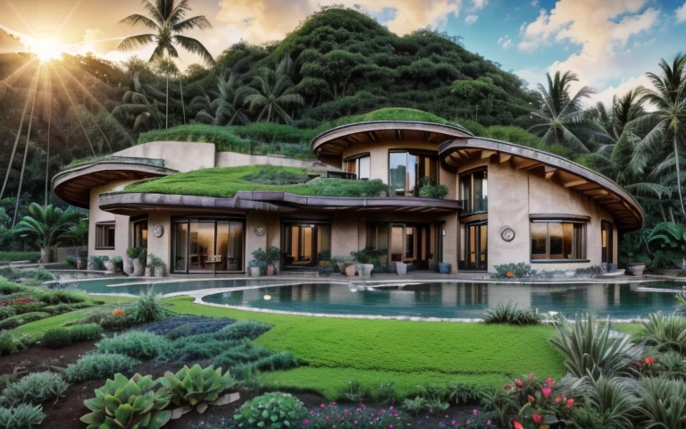 A photograph of a symmetrical contemporary house with (((one waved green roof))) and (((biological pool))) in a tropical backyard, mustard yellow terracota plaster walls (((rustic clay stucco))), ((corner walls rounded)), ((rustic clay plaster)), (((terracotta walls with rounded corners, organic curves))), (((rustic earth plaster, mud))), (((wave-shaped green roof with wooden edge))), (((wooden roof structure, wooden rake, wooden fascia board))), eaves, porch with wooden pillar, ((roof with wooden structure)), In Bali (((Tropical garden))), ((natural houses, organic buildings, organic architecture)), Ecovillage, sustainable architecture, Bioconstruction architecture, solarpunk architecture, (((grass roof, green roof, green wave roof, rounded roof, vegetated roofs))), ((green architecture)), Passive house, (((Rock Foundation))), Clear sky in the background, painful beauty, modern, imposing, green house, ((Bali hobbit Hadid Style)), super resolution, cinematic, color grading, editorial photography, photography, photo shoot, (((dramatic front eye top angle view))), O 50mm, depth of field, intricate details, natural colors, sharp focus, warm light, shutter speed 1/1000, F/22, White Balance, Ray Trace Reflections, Lumen Reflections, Screen Space Reflections, Diffraction Rating, Chromatic Aberration, GB Shift, Partial Lighting, Backlighting, Daylighting, Scan Lines, ambient occlusion, antialiasing, shaders, OpenGL-Shaders, GLSL-Shaders, Post-processing, post-production, shading, tone mapping, incredibly detailed and complex, hypermaximalist, elegant, hyperrealistic, super detailed, dynamic pose, Fujifilm XT