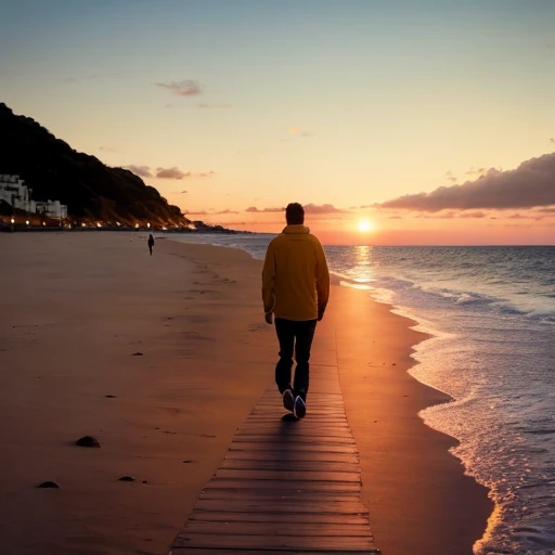 Un hombre humano caminando en la playa con cielo atardeciendo color amarillo