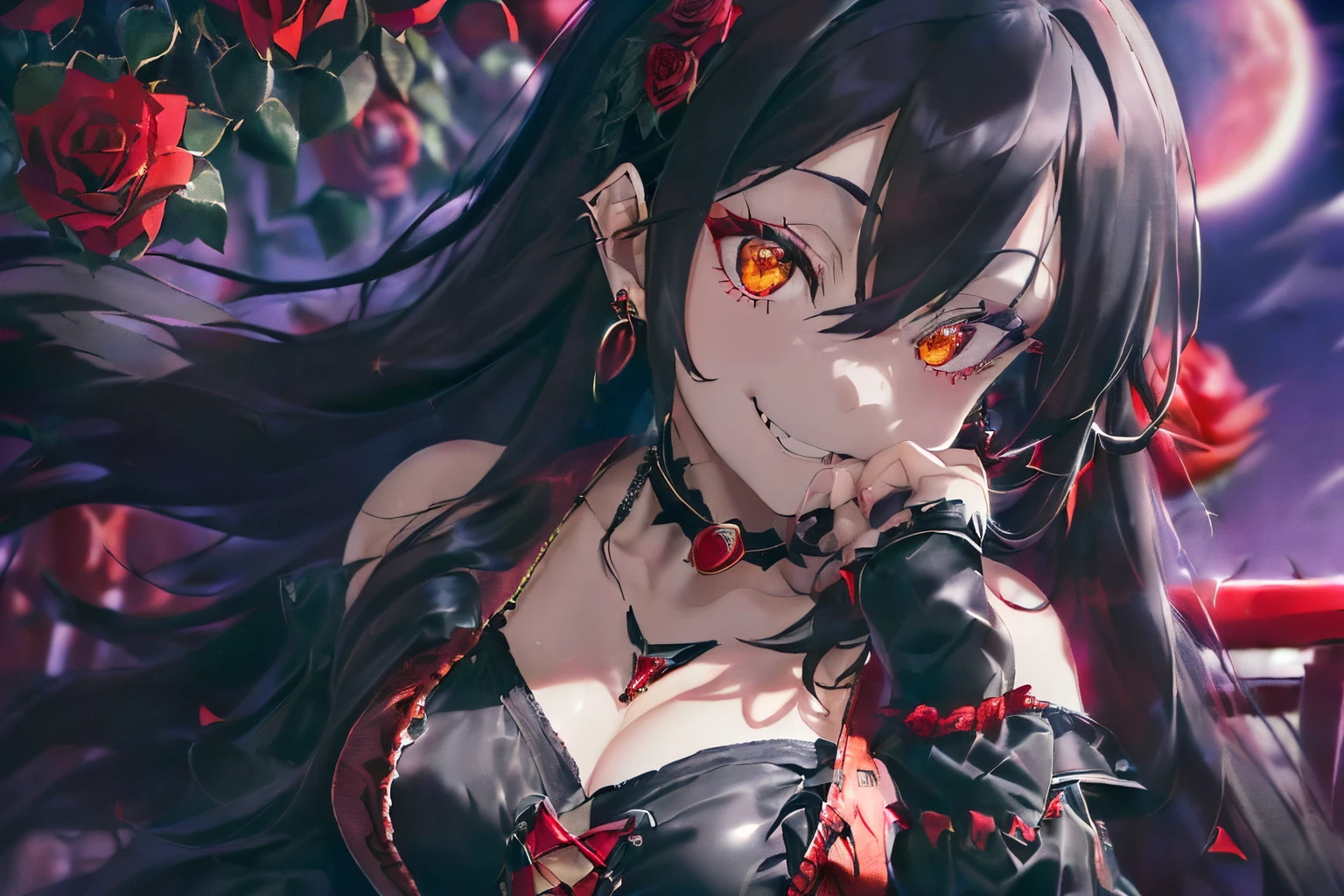 ((Mixed black and red hair)),((Super long curly hair)),((Nihilistic smile)),((Mocking smile)),(balloon sleeve long sleeve clothing),((Golden Eyes)),(plaid long sleeve tops),((black long vest),((Shining corset with sequins)),((Put your finger to your mouth)),((Frontal perspective)),Slight red tide,((She'Look at me in bold clothes.)),((covered with black and red roses))(Vampires),((long fangs)),(Yodare),(he smiles with his mouth slightly open.),(((close up of face))),((Collars and necklaces decorated with roses)),(A moonlit night with an extra-large bright red full moon),((Late night outdoor))