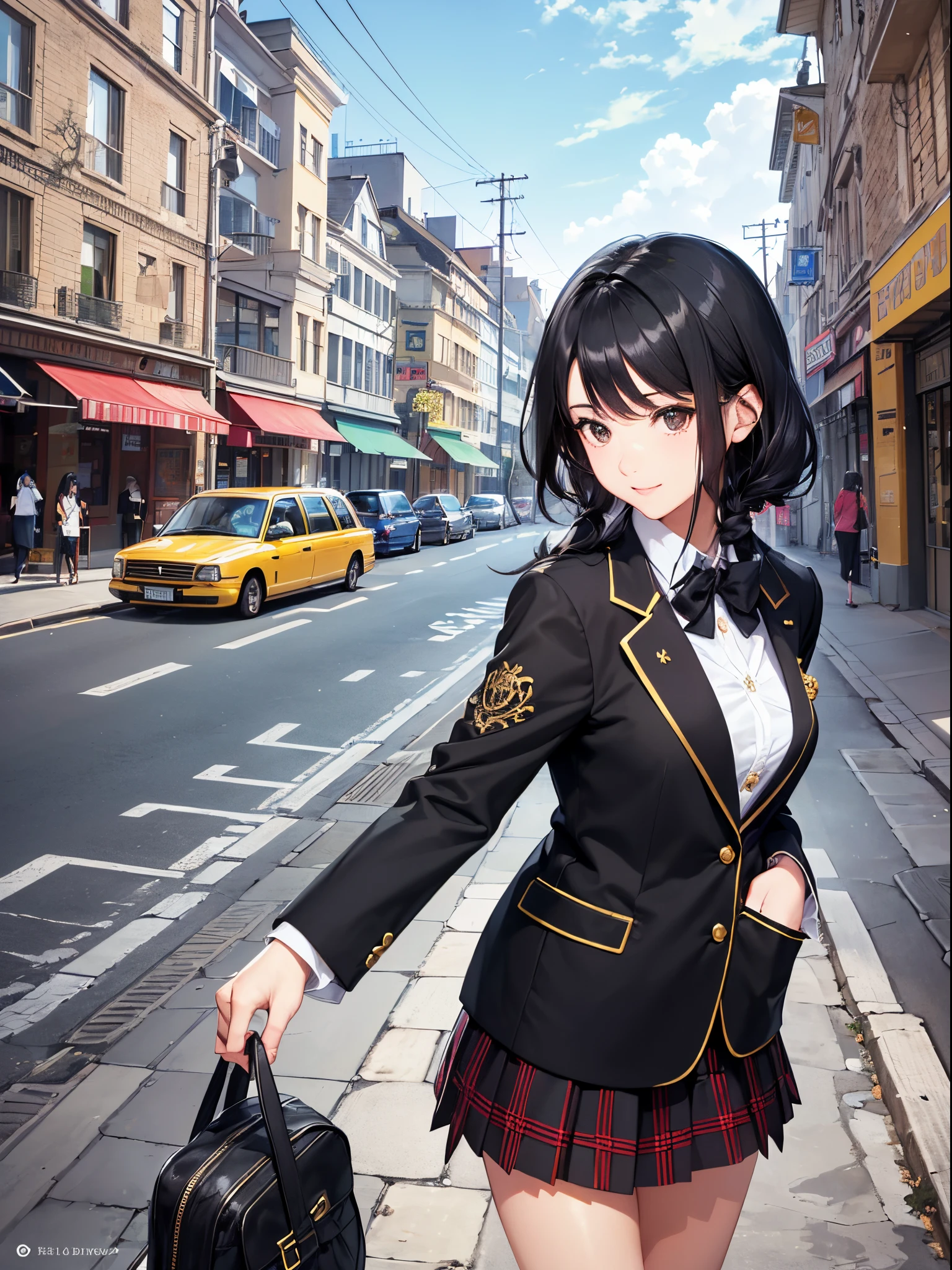 ((Finest quality)),(超A high resolution),(ultra-detailliert),(Meticulous portrayal),((Best Anime)),(Finest works of art),(Ultra-Precision Art),(The art of astounding depiction,Overwhelming depiction:1.5),(intricate and detailed art:1.6), (hi-school girl:1.6),(Delicate black hair:1.6),(blazers:1.5),Look at me and smile:1.5 School route:1.7,morning:1.4,