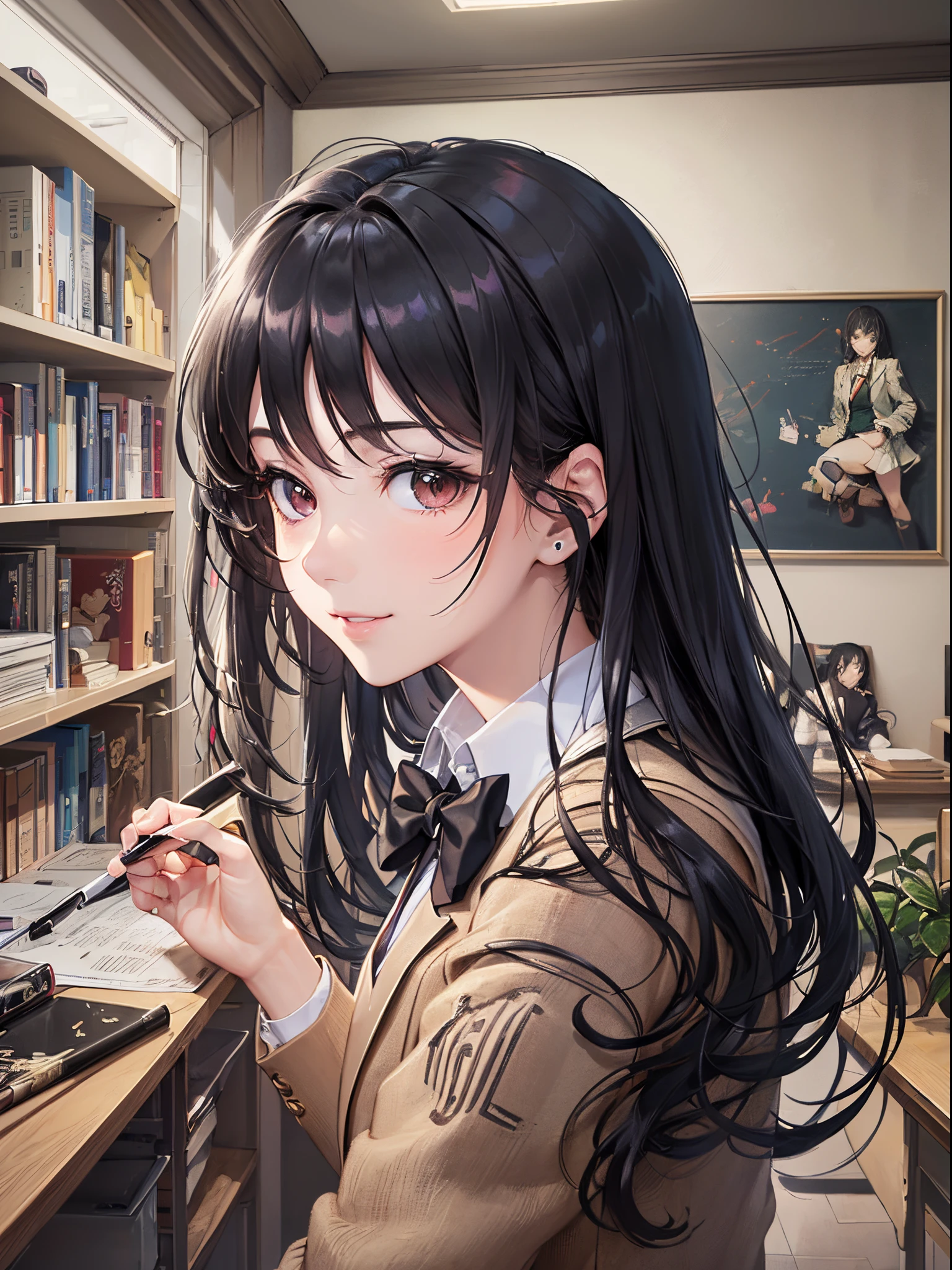 ((Finest quality)),(超A high resolution),(ultra-detailliert),(Meticulous portrayal),((Best Anime)),(Finest works of art),(Ultra-Precision Art),(The art of astounding depiction,Overwhelming depiction:1.5),(intricate and detailed art:1.6), (hi-school girl:1.6),(Delicate black hair:1.6),(blazers:1.5),Look at me and smile:1.5 School route:1.7,morning:1.4,
