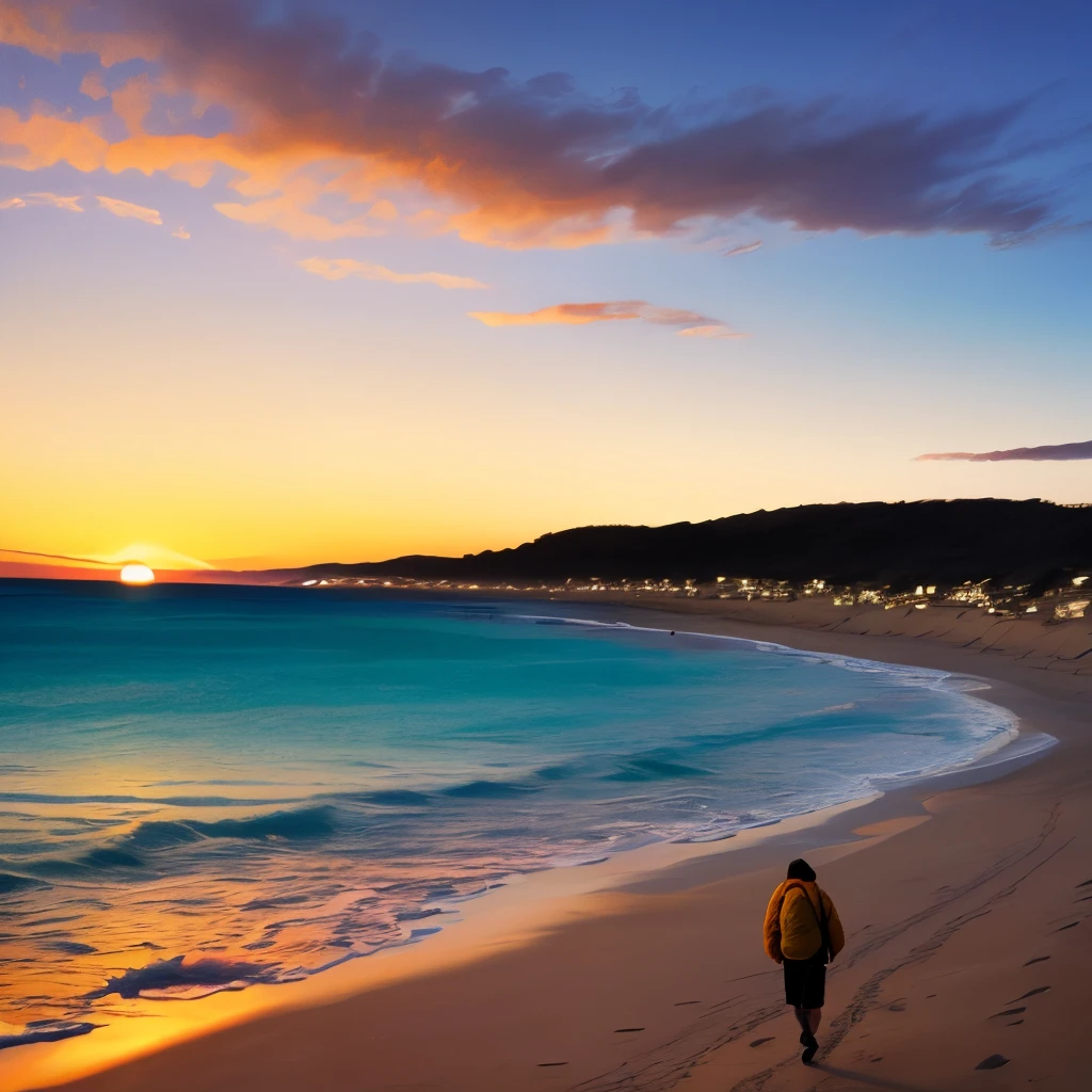Un hombre humano caminando en la playa con cielo atardeciendo color amarillo