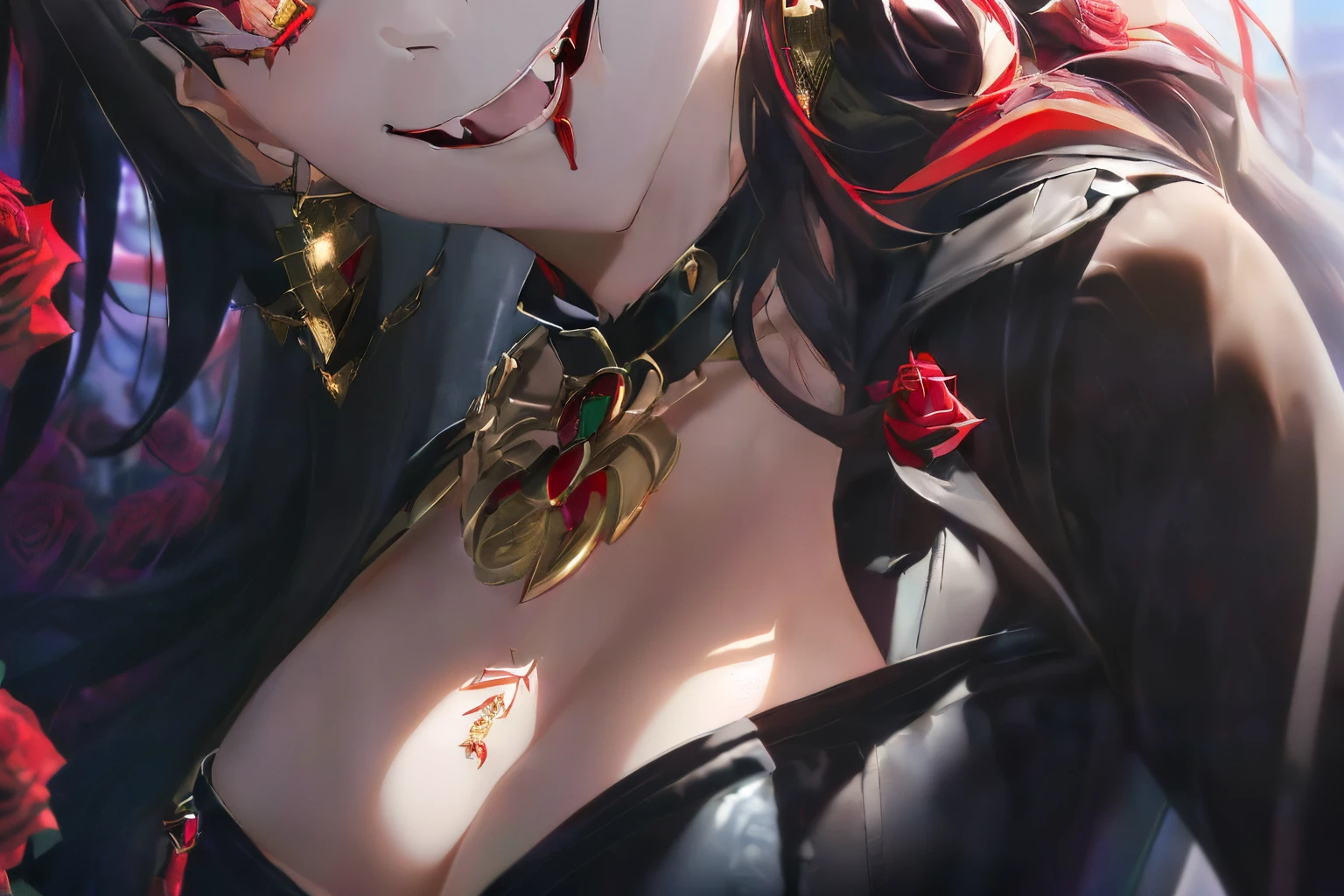 ((Mixed black and red hair)),((Super long curly hair)),((Nihilistic smile)),((Mocking smile)),(balloon sleeve long sleeve clothing),((Golden Eyes)),(plaid long sleeve tops),((black long vest),((Shining corset with sequins)),((Put your finger to your mouth)),((Frontal perspective)),Slight red tide,((She'Look at me in bold clothes.)),((covered with black and red roses))(Vampires),((long fangs)),(Yodare),(he smiles with his mouth slightly open.),(((close up of face))),((Collars and necklaces decorated with roses)),(A moonlit night with an extra-large bright red full moon),((Late night outdoor))