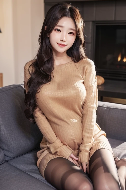 Pretty korean girl, sexy, wife, big breast, (w cup), long ponytail hair, gently smiling, full body, sitting on sofa, in livingroom, age 20 years,(very-very detailed face,mouth,nose,eyes,and full body),(loose) wet brown sweater suit,wife pregnant,it was still daytime, use long pantyhose legs, mini skirt