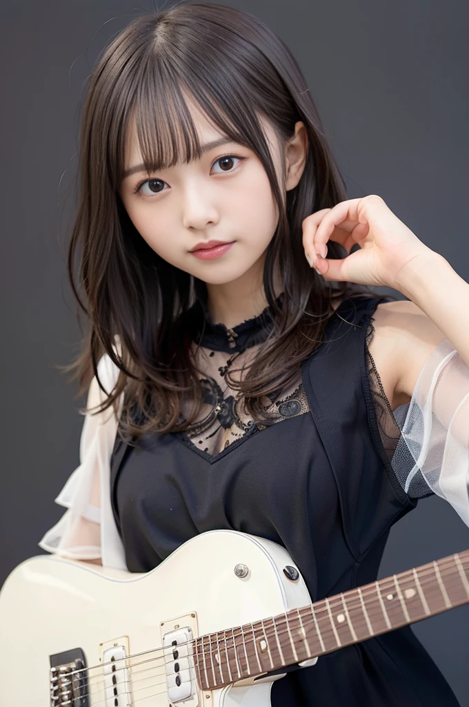(8K, Raw photo:1.2),Detailed face and eyes,Best Quality, 超A high resolution, Highly detailed ,intricate detailes ,masutepiece ,Cute Girl , Soft cinematic light, Hyper-detailing, High quality,A dark-haired, bob cuts, NSFW,Wearing a dress、（holding an electric guitar）、White background、full body Esbian