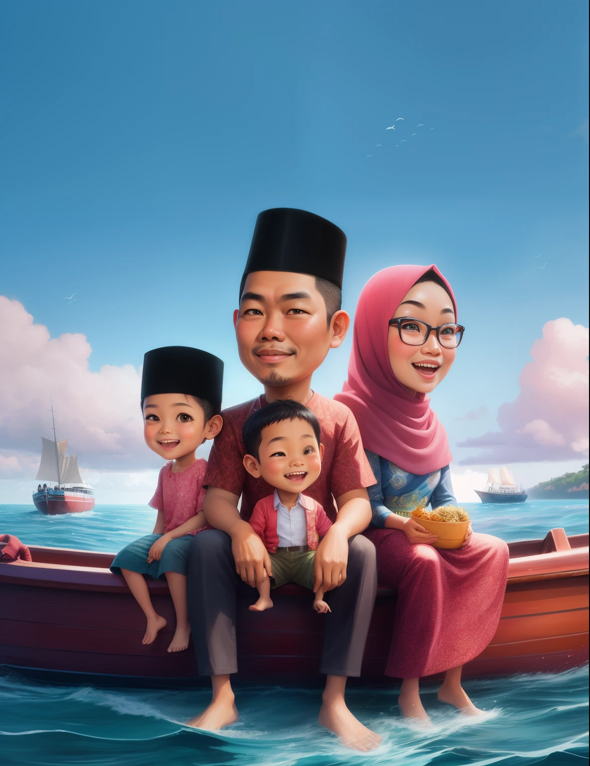 cartoon of a family sitting on a boat in the ocean, an indonesian family portrait, happy family, in cartoon style, potrait, full protrait, caricature illustration, family portrait, cartoon digital art, digital art cartoon, by Abidin Dino, realism artstyle, cartoon art, family, inspired by Basuki Abdullah, inspired by JoWOnder