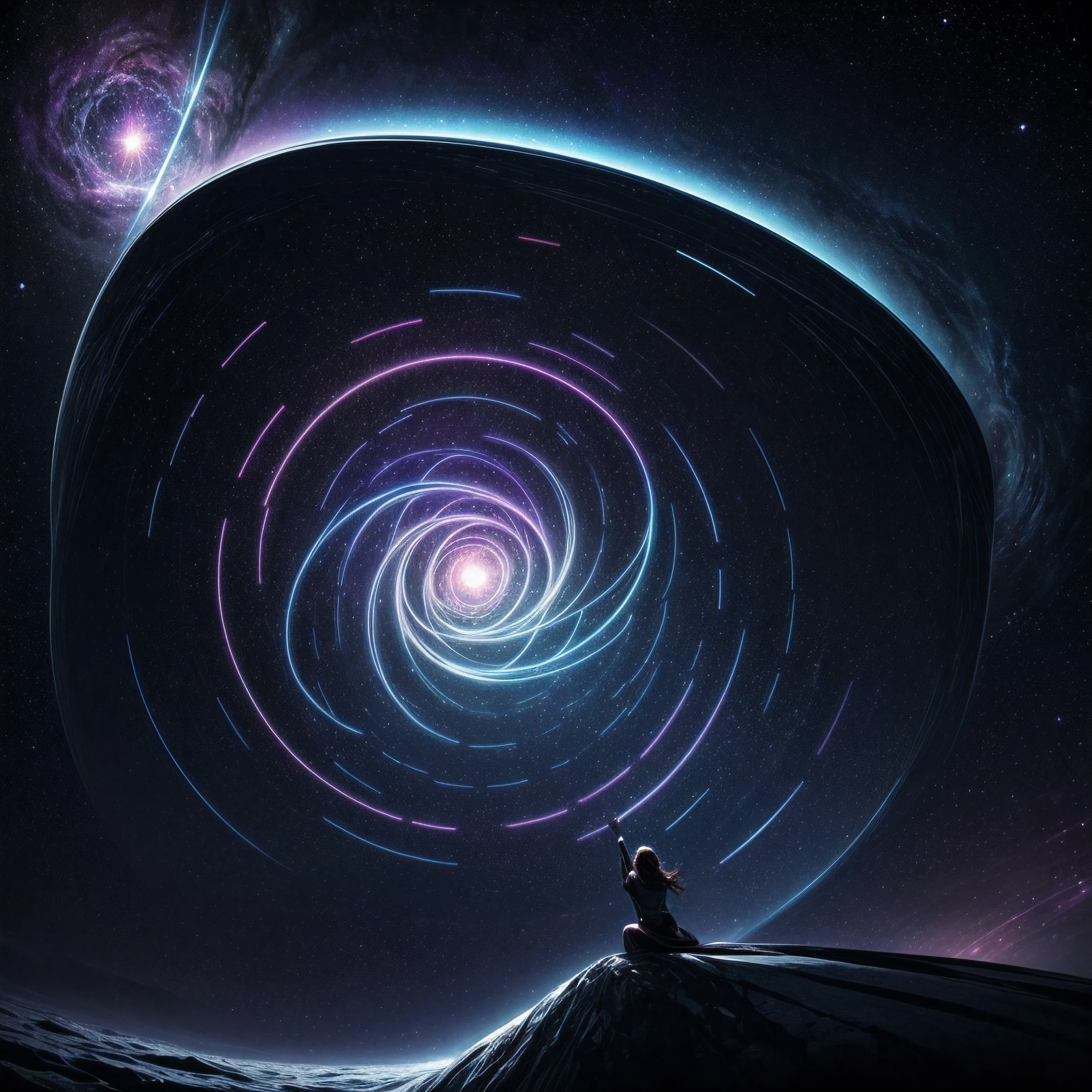 The cubic box glimmered, the holographic images on its walls slowly swirling as if one gazed into an endless cosmic abyss. Gleaming purples, blues, and reds joined in the eternal dance of nebulae, while distant galaxies gently spun.
Within this mesmerizing celestial box, a secret world existed - one governed not by gravity, but by waves of light and probability. Photonic standing waves criss-crossed between the shimmering walls, weaving intricate interference patterns that rippled like a hidden cosmic web.
An electron bounced around inside this dazzling, jewel-toned cube, riding the crests and troughs of the unseen waves. It surfed on probability currents, sometimes arcing high along a node, other times dropping low into an antinode. Its motion appeared chaotic yet followed elegant phases dictated by the symmetries of its quantum orbital.
Like a space explorer encountering a bizarre locus where normal laws are suspended, the electron probed at multidimensional barriers made not of matter, but light itself. Its very motion enacted the dance of wave and particle, its presence conjugating the quantum and the celestial. Both prisoner and magician in this bewitching cavum of stars, it conjured infinities of cosmic vastness - while enclosed in a box just a hand-span wide.
This miniature celestial vault and its lone voyaging electron comprised a transcendent tableau where two scales of infinity intermixed - the unbounded macrocosm and the probabilistic quantum world. Duality reigned as ultimate ruler inside this resonating chamber. Matter and emptiness merged as one.