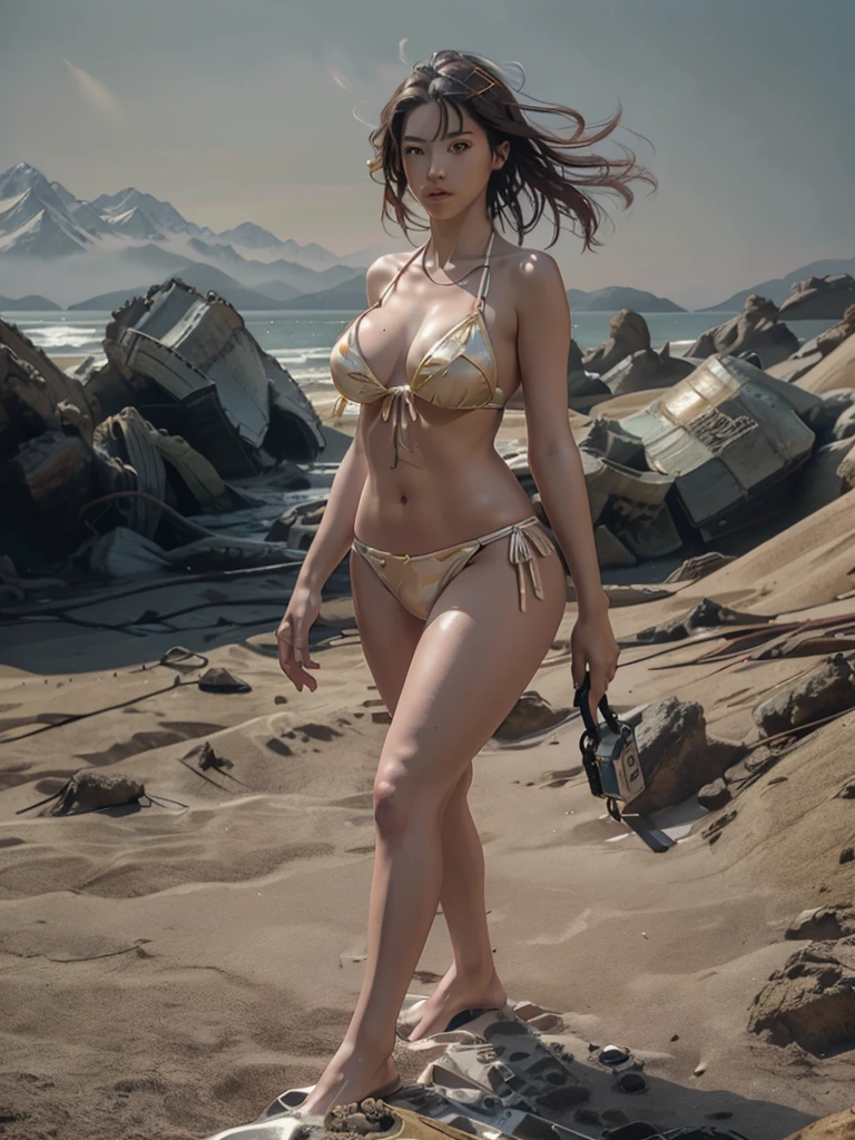 8K, of the highest quality, masutepiece:1.2), (Realistic, Photorealsitic:1.37), of the highest quality, masutepiece, Beautiful young woman, Pensive expression, Gentle eyes, half naked、Hair tied back, Light skin tone, legs open, cute girl, big tit, big soft thighs, super tight latex half-bikini, revealing, barely wearing clothes, latex bikini, latex lingerie