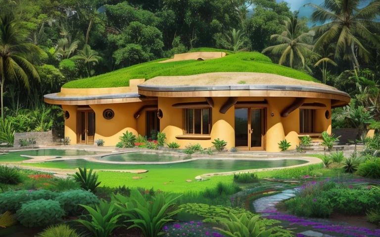 A photograph of a symmetrical contemporary house with (((one waved green roof))) and (((biological pool))) in a tropical backyard, mustard yellow terracota plaster walls (((rustic clay stucco))), ((corner walls rounded)), ((rustic clay plaster)), (((terracotta walls with rounded corners, organic curves))), (((rustic earth plaster, mud))), (((wave-shaped green roof with wooden edge))), (((wooden roof structure, wooden rake, wooden fascia board))), eaves, porch with wooden pillar, ((roof with wooden structure)), In Bali (((Tropical garden))), ((natural houses, organic buildings, organic architecture)), Ecovillage, sustainable architecture, Bioconstruction architecture, solarpunk architecture, (((grass roof, green roof, green wave roof, rounded roof, vegetated roofs))), ((green architecture)), Passive house, (((Rock Foundation))), Clear sky in the background, painful beauty, modern, imposing, green house, ((Bali hobbit Hadid Style)), super resolution, cinematic, color grading, editorial photography, photography, photo shoot, (((dramatic front eye top angle view))), O 50mm, depth of field, intricate details, natural colors, sharp focus, warm light, shutter speed 1/1000, F/22, White Balance, Ray Trace Reflections, Lumen Reflections, Screen Space Reflections, Diffraction Rating, Chromatic Aberration, GB Shift, Partial Lighting, Backlighting, Daylighting, Scan Lines, ambient occlusion, antialiasing, shaders, OpenGL-Shaders, GLSL-Shaders, Post-processing, post-production, shading, tone mapping, incredibly detailed and complex, hypermaximalist, elegant, hyperrealistic, super detailed, dynamic pose, Fujifilm XT