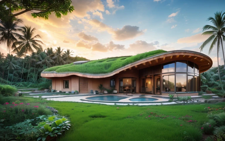 A photograph of a symmetrical contemporary house with (((one waved green roof))) and (((biological pool))) in a tropical backyard, mustard yellow terracota plaster walls (((rustic clay stucco))), ((corner walls rounded)), ((rustic clay plaster)), (((terracotta walls with rounded corners, organic curves))), (((rustic earth plaster, mud))), (((wave-shaped green roof with wooden edge))), (((wooden roof structure, wooden rake, wooden fascia board))), eaves, porch with wooden pillar, ((roof with wooden structure)), In Bali (((Tropical garden))), ((natural houses, organic buildings, organic architecture)), Ecovillage, sustainable architecture, Bioconstruction architecture, solarpunk architecture, (((grass roof, green roof, green wave roof, rounded roof, vegetated roofs))), ((green architecture)), Passive house, (((Rock Foundation))), Clear sky in the background, painful beauty, modern, imposing, green house, ((Bali hobbit Hadid Style)), super resolution, cinematic, color grading, editorial photography, photography, photo shoot, (((dramatic front eye top angle view))), O 50mm, depth of field, intricate details, natural colors, sharp focus, warm light, shutter speed 1/1000, F/22, White Balance, Ray Trace Reflections, Lumen Reflections, Screen Space Reflections, Diffraction Rating, Chromatic Aberration, GB Shift, Partial Lighting, Backlighting, Daylighting, Scan Lines, ambient occlusion, antialiasing, shaders, OpenGL-Shaders, GLSL-Shaders, Post-processing, post-production, shading, tone mapping, incredibly detailed and complex, hypermaximalist, elegant, hyperrealistic, super detailed, dynamic pose, Fujifilm XT