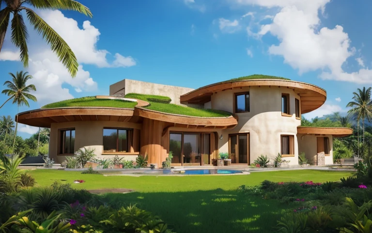 A photograph of a symmetrical contemporary house with (((one waved green roof))) and (((biological pool))) in a tropical backyard, mustard yellow terracota plaster walls (((rustic clay stucco))), ((corner walls rounded)), ((rustic clay plaster)), (((terracotta walls with rounded corners, organic curves))), (((rustic earth plaster, mud))), (((wave-shaped green roof with wooden edge))), (((wooden roof structure, wooden rake, wooden fascia board))), eaves, porch with wooden pillar, ((roof with wooden structure)), In Bali (((Tropical garden))), ((natural houses, organic buildings, organic architecture)), Ecovillage, sustainable architecture, Bioconstruction architecture, solarpunk architecture, (((grass roof, green roof, green wave roof, rounded roof, vegetated roofs))), ((green architecture)), Passive house, (((Rock Foundation))), Clear sky in the background, painful beauty, modern, imposing, green house, ((Bali hobbit Hadid Style)), super resolution, cinematic, color grading, editorial photography, photography, photo shoot, (((dramatic front eye top angle view))), O 50mm, depth of field, intricate details, natural colors, sharp focus, warm light, shutter speed 1/1000, F/22, White Balance, Ray Trace Reflections, Lumen Reflections, Screen Space Reflections, Diffraction Rating, Chromatic Aberration, GB Shift, Partial Lighting, Backlighting, Daylighting, Scan Lines, ambient occlusion, antialiasing, shaders, OpenGL-Shaders, GLSL-Shaders, Post-processing, post-production, shading, tone mapping, incredibly detailed and complex, hypermaximalist, elegant, hyperrealistic, super detailed, dynamic pose, Fujifilm XT