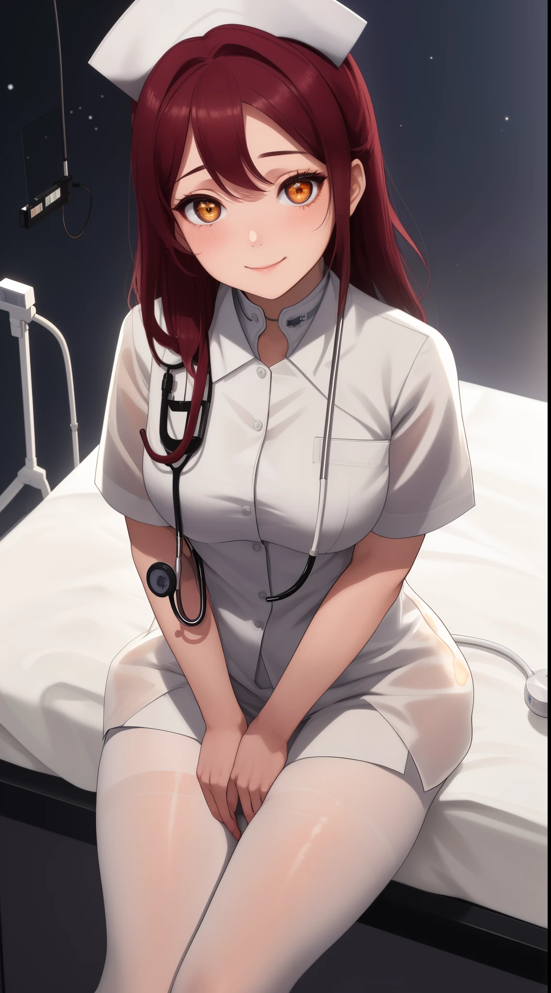 Masterpiece, sksriko,a beautiful urban female model, white transparent clothes under empty night stars, facial details, detailed body part details, 8k wallpaper, looking at viewer, sitting , from above, hospital,sakurauchi riko, nurse custom, thighs, golden glowing eyes, cowboy shot,stethoscope, pantyhose, smile