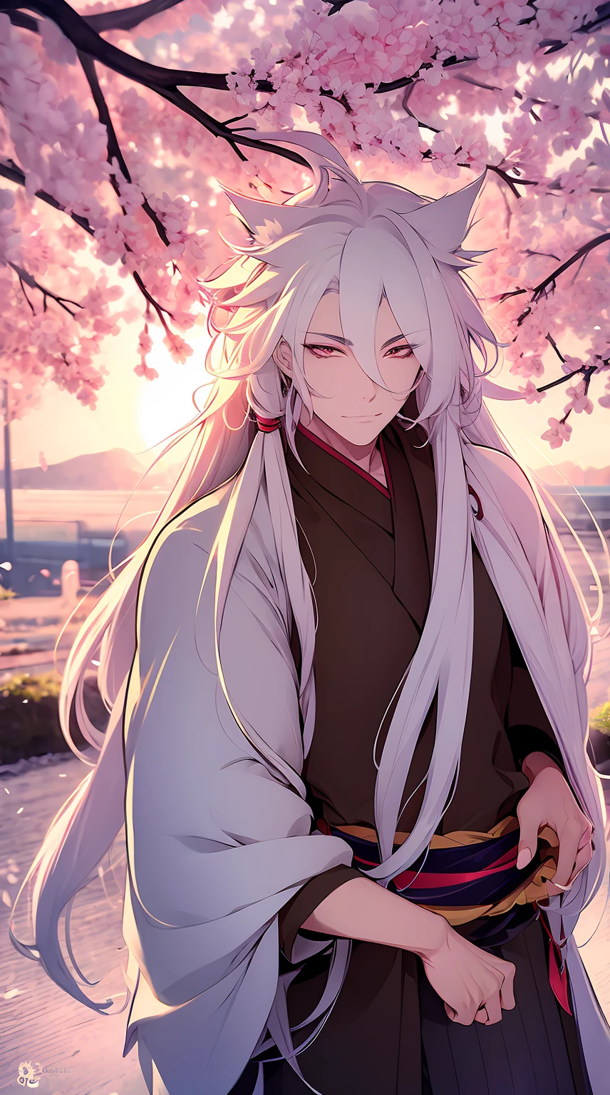 1young man, solo, male photo, White hair,long hair, fox year,Best quality, masterpiece,cherry blossoms