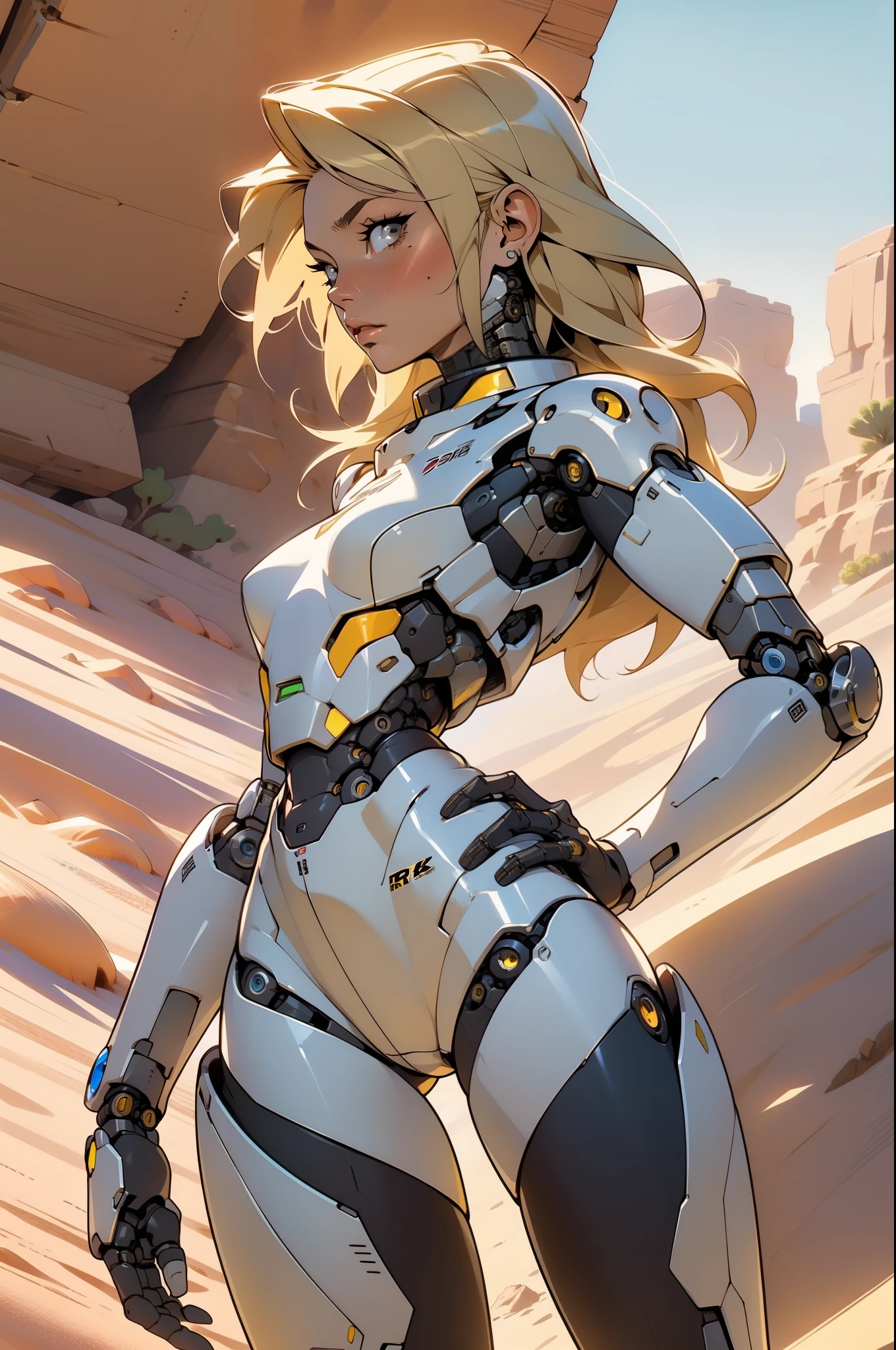 high quality, 4k, masterpiece, beautiful, cyborg girl, cowboy shot, dull eyes, back side, turning around to look at viewer, long blonde hair, girl, small breasts, fit thigh, robotic arms, robotic body, cyborg body, yellow accent, red accent, intricate detail, joint, detailed lines, robotic detail, 1fist on hip, color robotic parts, robotic parts with color, perfect fingers, on a desert planet, sunny background, colorful desert,
