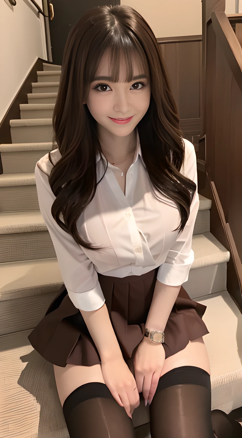 top-quality、Top image quality、​masterpiece、fully body photo、25 years old women, governess、Dark brown wavy middle hair、bangss、((White shirt、pleatedskirt、Stockings))、A sexy、soft boob、Large breasts、high-heels、 cute smile face、stairs at school、Sit with your legs open、((Rub your chest with both hands、Touching the crotch))