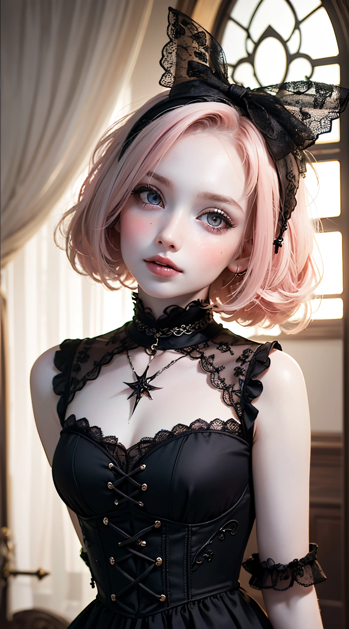 (UHD, retina, masterpiece, ccurate, anatomically correct, textured skin, super detail, high details, high quality, best quality, highres, 1080P, HD, 4K, 8k, 16k), (beautiful detailed eyes, beautiful detailed lips, extremely detailed eyes and face), studio lighting, physically-based rendering, vivid colors, (gothic dress), (portrait, shiny hair, shiny skin), [stained glass window, bokeh], (tilt your head to the side:1.5), eye reflection, (blush:1.5), (gothic art, pale skin:1.5), monochrome, (toddler girl:1.2),