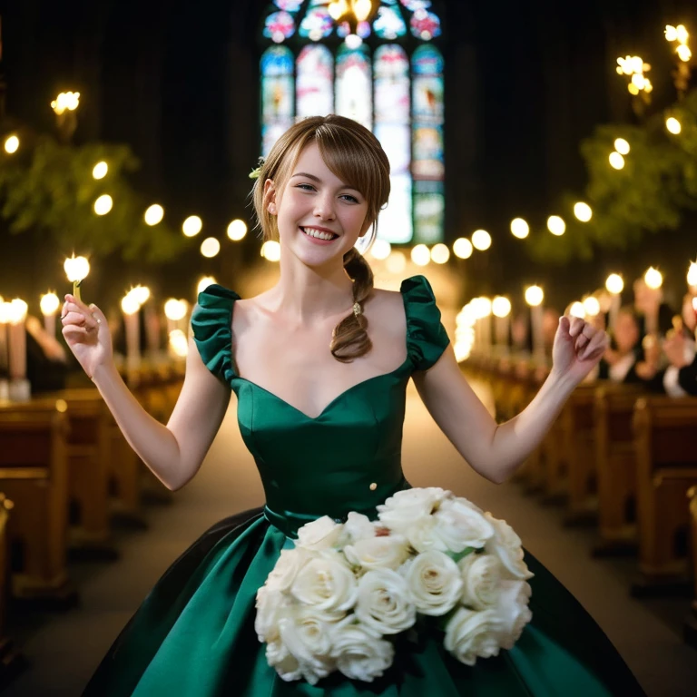 (front focus), (in the dark:1.5), Hyperrealist,1 pretty girl,white skinned,brown hair,looking at viewer, beautiful small chest, Germany, pony tail, happy smile, pulling, dynamic, roses, in love, joyful, singing, coconut, artist, aesthetic, tapping, sexy pose, princess, green formal dress, church