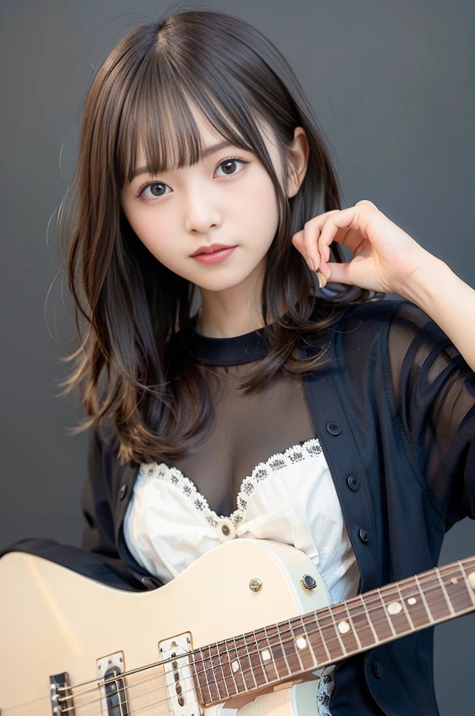 (8K, Raw photo:1.2),Detailed face and eyes,Best Quality, 超A high resolution, Highly detailed ,intricate detailes ,masutepiece ,Cute Girl , Soft cinematic light, Hyper-detailing, High quality,A dark-haired, bob cuts, NSFW,Wearing a dress、（holding an electric guitar）、White background、full body Esbian