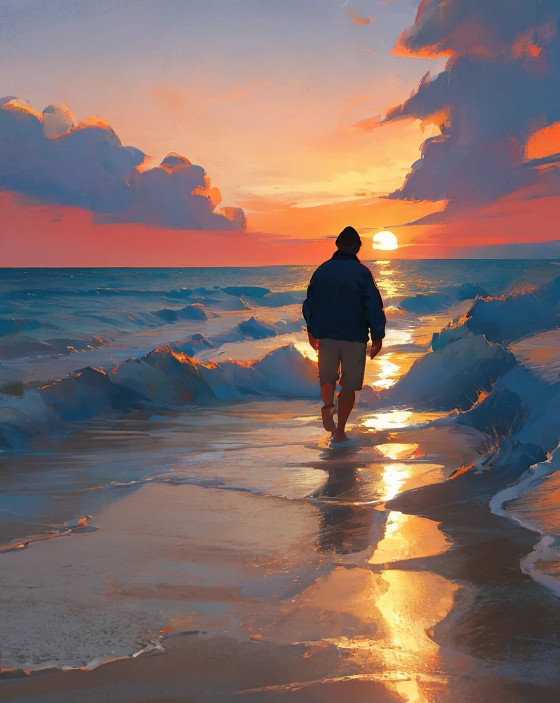 Hombre caminando en la playa con atardecer