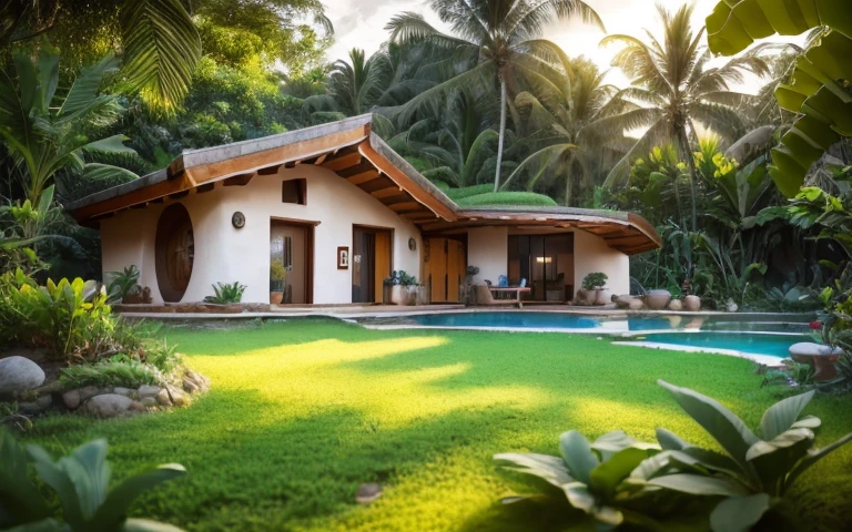 A photograph of a symmetrical contemporary house with (((um telhado verde ondulado))) e (((Biological pool))) em um quintal tropical, paredes de gesso terracota amarelo mostarda (((rustic clay stucco))), ((paredes de canto arredondadas)), ((Rustic clay plaster)), (((paredes de terracota com cantos arredondados, organic curves))), (((rustic earth plaster, lama))), (((telhado verde em forma de onda com borda de madeira))), (((Estrutura do telhado de madeira, ancinho de madeira, placa de madeira))), beiral, varea com pilar de madeira, ((telhado com estrutura de madeira)), em Bali (((jardim tropical))), ((casas naturais, Organic buildings, organic architecture)), ecovila, sustainable architecture, Bioconstruction architecture, arquitetura solarpunk, (((telhado de grama, Telhado Verde, Telhado de Onda Verde, telhado arredondado, telhados vegetados))), ((arquitetura verde)), Casa passiva, (((Rock Foundation))), Clear sky in the background, beleza dolorosa, moderno, imponente, casa verde, ((Estilo Hadid do hobbit de Bali)), super resolution, cinemactic, color grading, Fotografia Editorial, fotografia, photo shoot, (((dramatic front eye top angle view))), O 50mm, profundidade de campo, detalhes intrincados, Cores Naturais, foco nítido, luz quente, Velocidade do obturador 1/1000, F/22, White balance, Ray Trace Reflections, Lumen reflections, screen space reflections, diffraction classification, chromatic aberration, Deslocamento de GB, Partial lighting, Backlighting, natural lightting, Linhas de varredura, Ambient occlusion, antialiasing, Shaders, OpenGL-Shaders, GLSL-Shaders, Post-processing, post - production, sombreamento, Mapeamento de tons, incrivelmente detalhado e complexo, hipermaximalista, elegante, hiper-realista, super detalhado, dynamic pose, fujifilm XT |