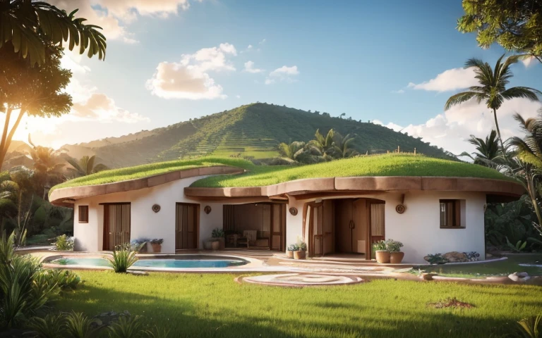 A photograph of a symmetrical contemporary house with (((um telhado verde ondulado))) e (((Biological pool))) em um quintal tropical, paredes de gesso terracota amarelo mostarda (((rustic clay stucco))), ((paredes de canto arredondadas)), ((Rustic clay plaster)), (((paredes de terracota com cantos arredondados, organic curves))), (((rustic earth plaster, lama))), (((telhado verde em forma de onda com borda de madeira))), (((Estrutura do telhado de madeira, ancinho de madeira, placa de madeira))), beiral, varea com pilar de madeira, ((telhado com estrutura de madeira)), em Bali (((jardim tropical))), ((casas naturais, Organic buildings, organic architecture)), ecovila, sustainable architecture, Bioconstruction architecture, arquitetura solarpunk, (((telhado de grama, Telhado Verde, Telhado de Onda Verde, telhado arredondado, telhados vegetados))), ((arquitetura verde)), Casa passiva, (((Rock Foundation))), Clear sky in the background, beleza dolorosa, moderno, imponente, casa verde, ((Estilo Hadid do hobbit de Bali)), super resolution, cinemactic, color grading, Fotografia Editorial, fotografia, photo shoot, (((dramatic front eye top angle view))), O 50mm, profundidade de campo, detalhes intrincados, Cores Naturais, foco nítido, luz quente, Velocidade do obturador 1/1000, F/22, White balance, Ray Trace Reflections, Lumen reflections, screen space reflections, diffraction classification, chromatic aberration, Deslocamento de GB, Partial lighting, Backlighting, natural lightting, Linhas de varredura, Ambient occlusion, antialiasing, Shaders, OpenGL-Shaders, GLSL-Shaders, Post-processing, post - production, sombreamento, Mapeamento de tons, incrivelmente detalhado e complexo, hipermaximalista, elegante, hiper-realista, super detalhado, dynamic pose, fujifilm XT |