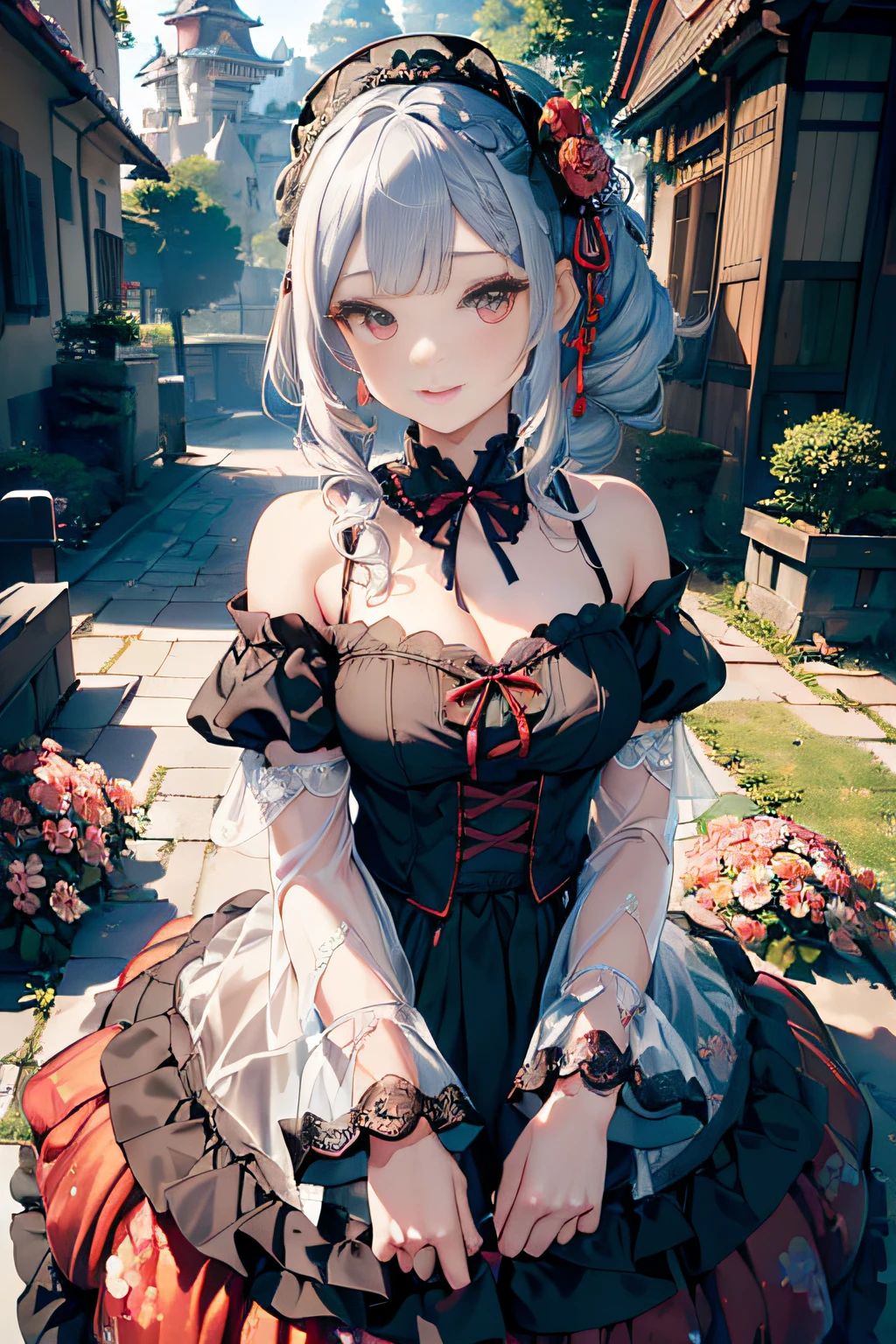 (ukiyoe painting:1.3),(3D Animation:1.3),(((Gothic Lolita Fashion:1.3)),(((lace off shoulder dress))),(((Costume with intricate lace details))),(Emphasis on the chest:1.3),(europe castle background:1.3),(Flower bed with colorful flowers in the garden),(Make the subject look three-dimensional with the contrast of light and shadow),Cute and beautiful girl,Cute round face,Cute smile,with blush cheeks,Red Lip,(silver white hair,Floral braided headband,half up、Floral Braided Space Van,Voluminous Fishtail Braids,Twisted chignon,),(Bangs are see-through bangs),hair pin,hair adornments,detailed clothes features,Detailed hair features,detailed facial features,(Dynamic angles),(Dynamic and sexy poses),profetional lighting,Cinematic Light,(masutepiece,top-quality,Ultra-high resolution output image, depth of fields,) ,(32k quality,depth of fields,Anatomically accurate facial structure,),(Sea Art 2 Mode:1.3),(Image Mode Ultra HD,)