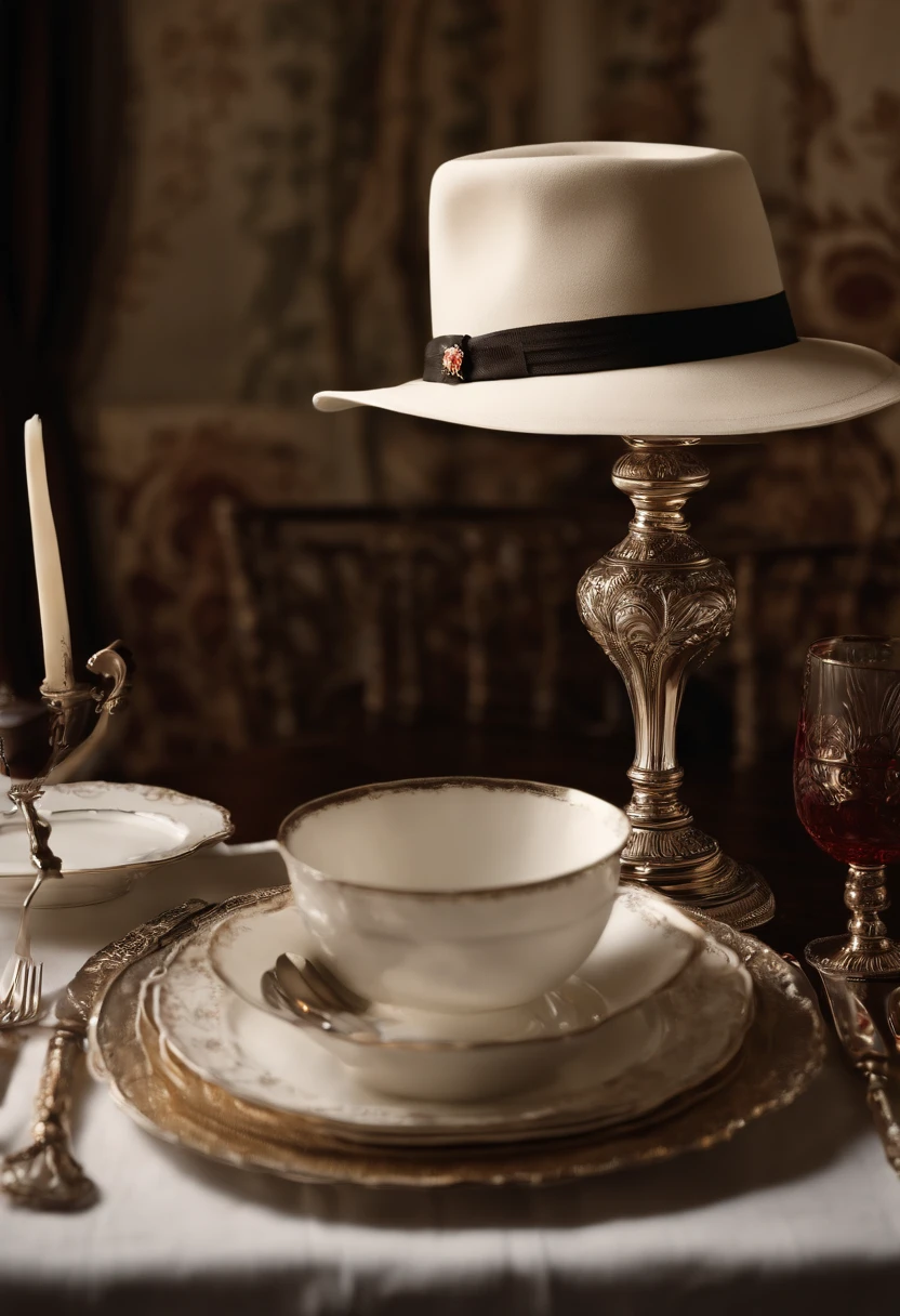 A photo of a beautifully set dining table with fine china and elegant silverware,original,Overweight, wears fedora, neck beard, bad skin, bloodshot eyes, bad hygiene, greasy hair , male