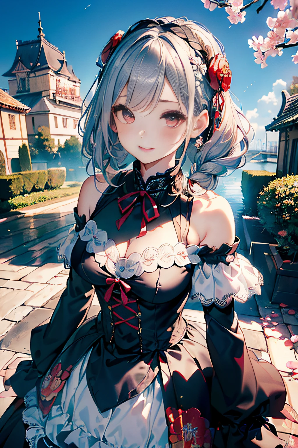 (ukiyoe painting:1.3),(3D Animation:1.3),(((Gothic ta Fashion:1.3)),(((lace off shoulder dress))),(((Costume with intricate lace details))),(Emphasis on the chest:1.3),(europe castle background:1.3),(Flower bed with colorful flowers in the garden),(Make the subject look three-dimensional with the contrast of light and shadow),Cute and beautiful girl,Cute round face,Cute smile,with blush cheeks,Red Lip,(silver white hair,Floral braided headband,half up、Floral Braided Space Van,Voluminous Fishtail Braids,Twisted chignon,),(Bangs are see-through bangs),hair pin,hair adornments,detailed clothes features,Detailed hair features,detailed facial features,(Dynamic angles),(Dynamic and sexy poses),profetional lighting,Cinematic Light,(masutepiece,top-quality,Ultra-high resolution output image, depth of fields,) ,(32k quality,depth of fields,Anatomically accurate facial structure,),(Sea Art 2 Mode:1.3),(Image Mode Ultra HD,)