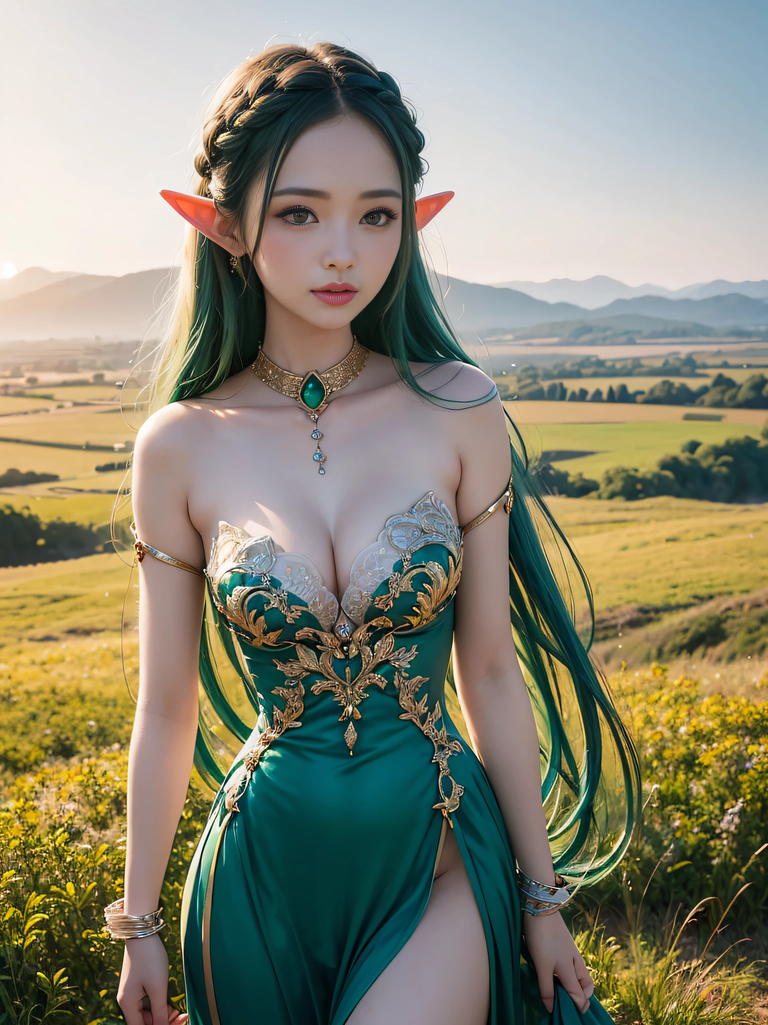 Graceful elven girl standing in meadow, Delicate face illuminated by the soft light of the setting sun. Her long, Flowing hair runs down your back, Decorated with intricate braids、Adorned with sparkling gemstones. This great photo is、、、It captures the ethereal beauty of elves. Slender figure in silk dress、Swaying in the soft steppe breeze. Attention to detail、Face that is、Face that is、Face that is、Face that is、It is evident in the intricate patterns of the dress and the subtle highlights of the luminescence. skin. The breathtaking portrayal of the elven girl is、、、、、Create an enchanting atmosphere、It invites the viewer to a magical world. emerald green hair color,