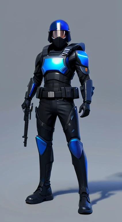 Futuristic cool special forces full body design。Fully armed with blue lenses and black helmet.。The color of the clothes is black。don't have a weapon