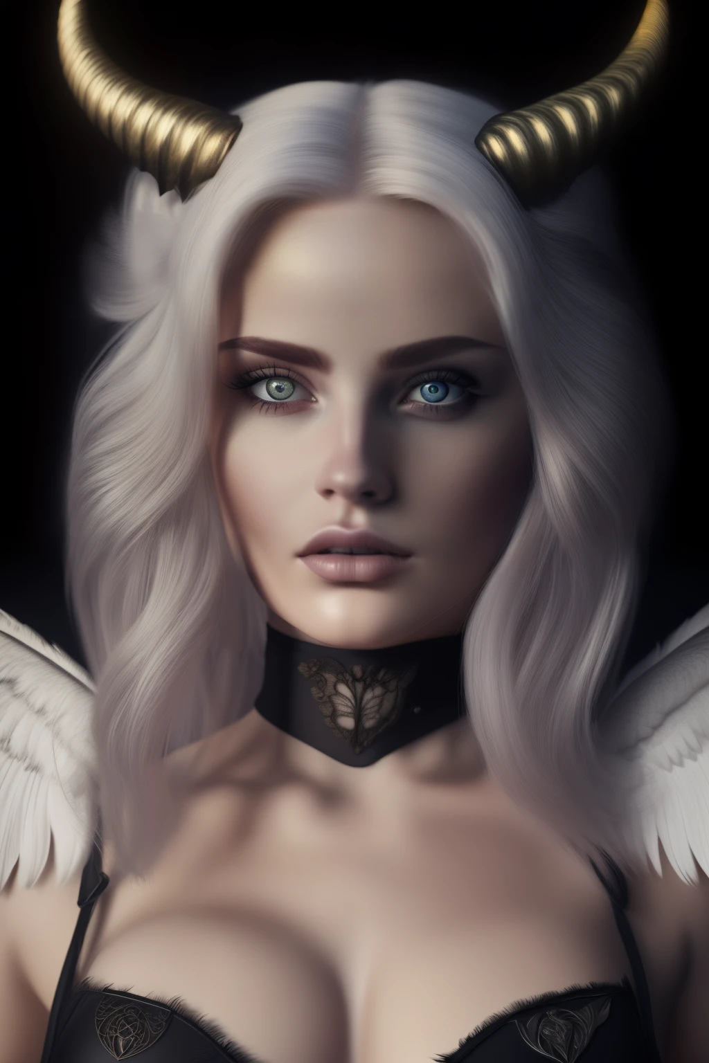 (best quality,4k,8k,highres,masterpiece:1.2),ultra-detailed,(realistic,photorealistic,photo-realistic:1.37),succubus,long white hair, horns, beautiful detailed eyes,beautiful detailed lips,extremely detailed eyes and face,25 years old,black corset,huge black feathers wings